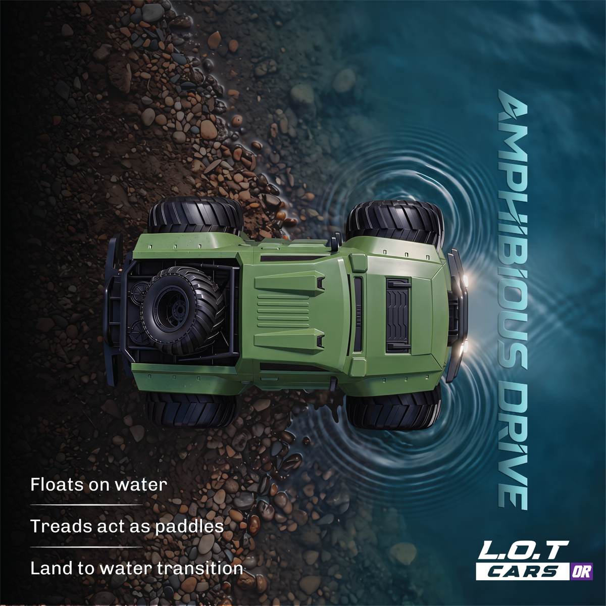 Top-down view of the green Gator in the water, its treads working as paddles between land and water