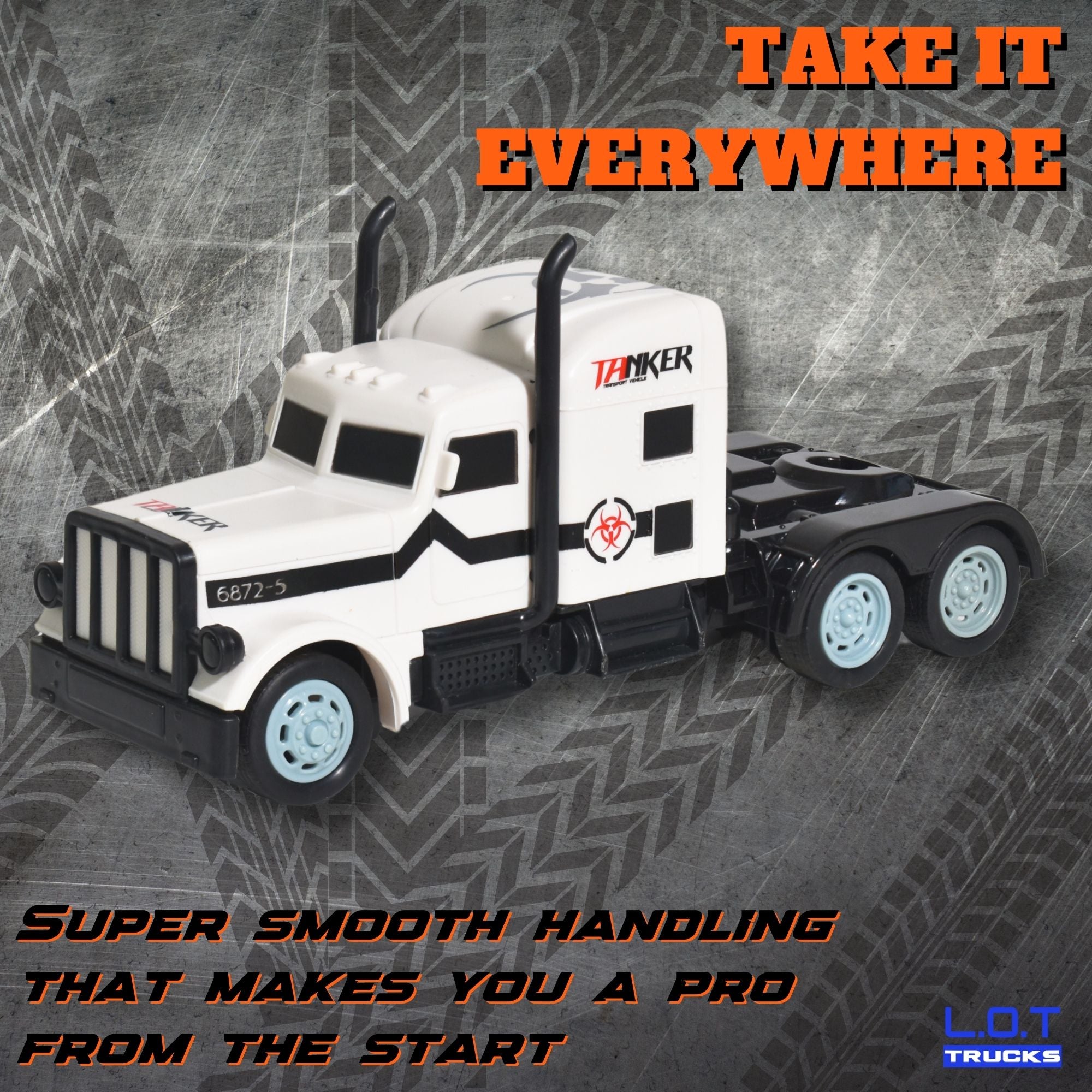 White RC truck with 'Take It Everywhere' text on a textured background