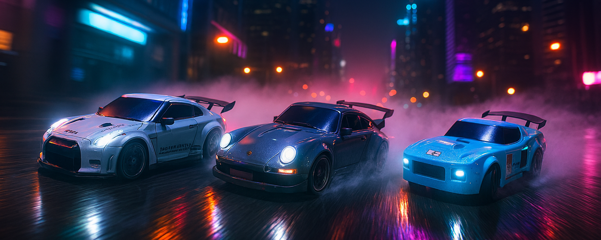 Three toy RC cars on a reflective surface with a neon-lit cityscape background