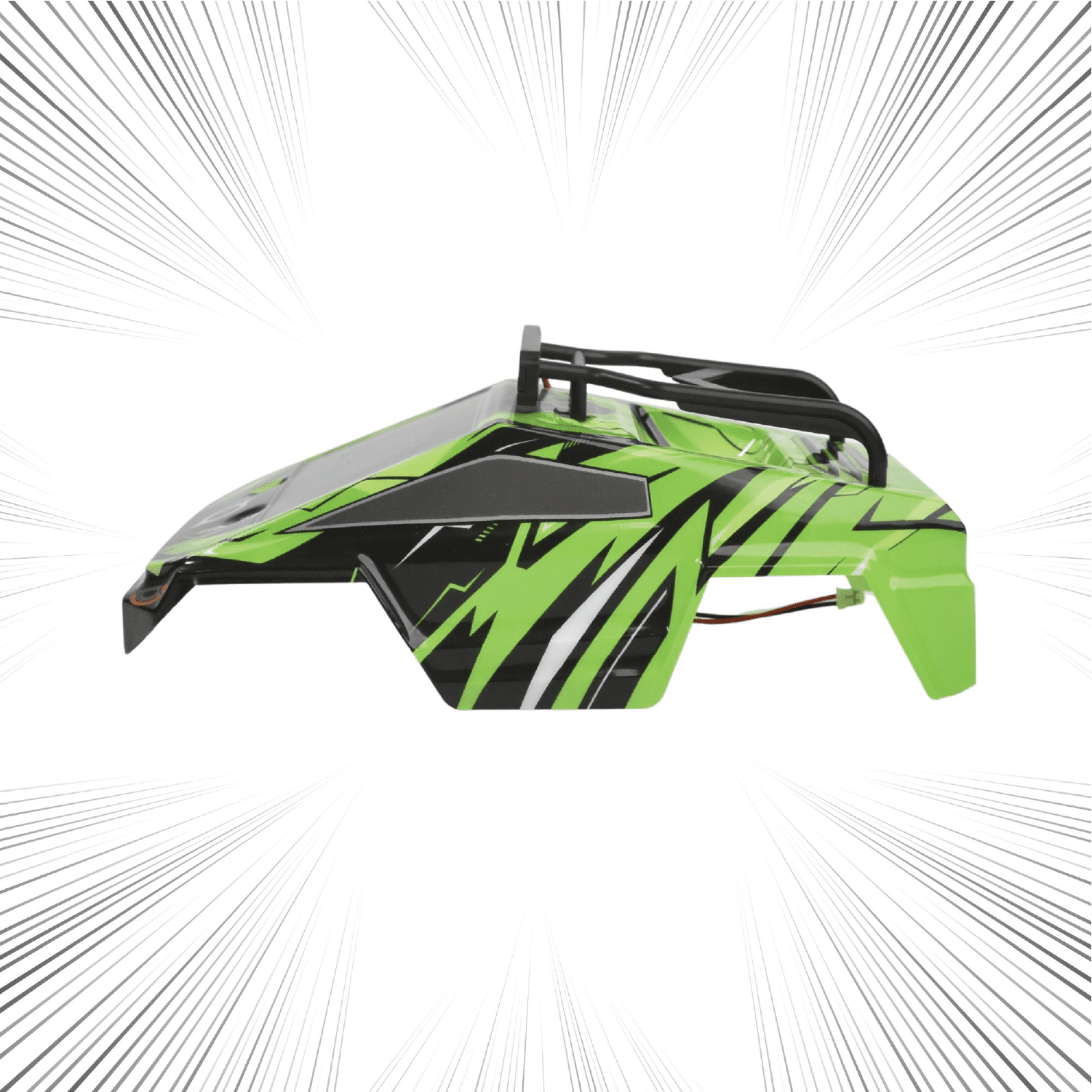 Green and black RC car body on a white background