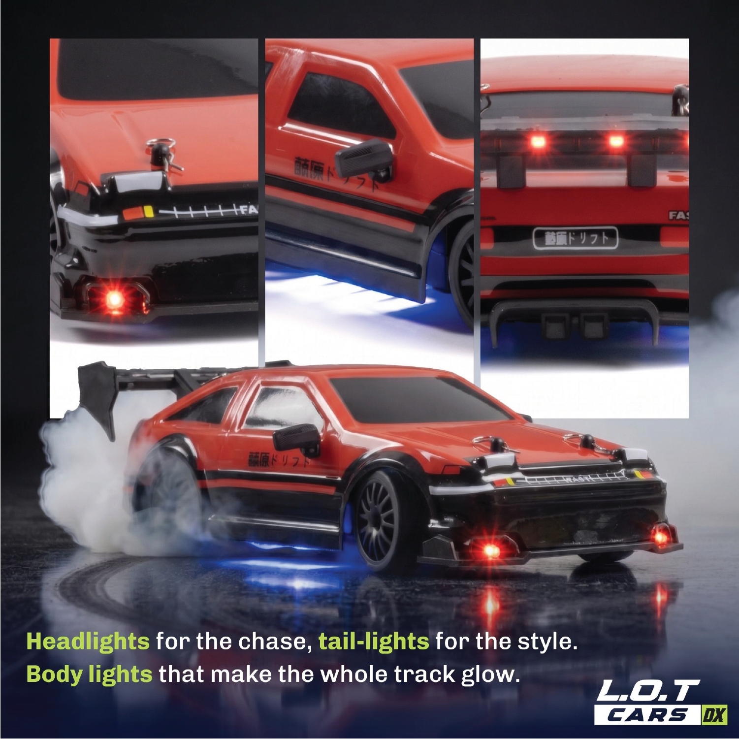 RC car with detailed features and L.O.T Cars branding.