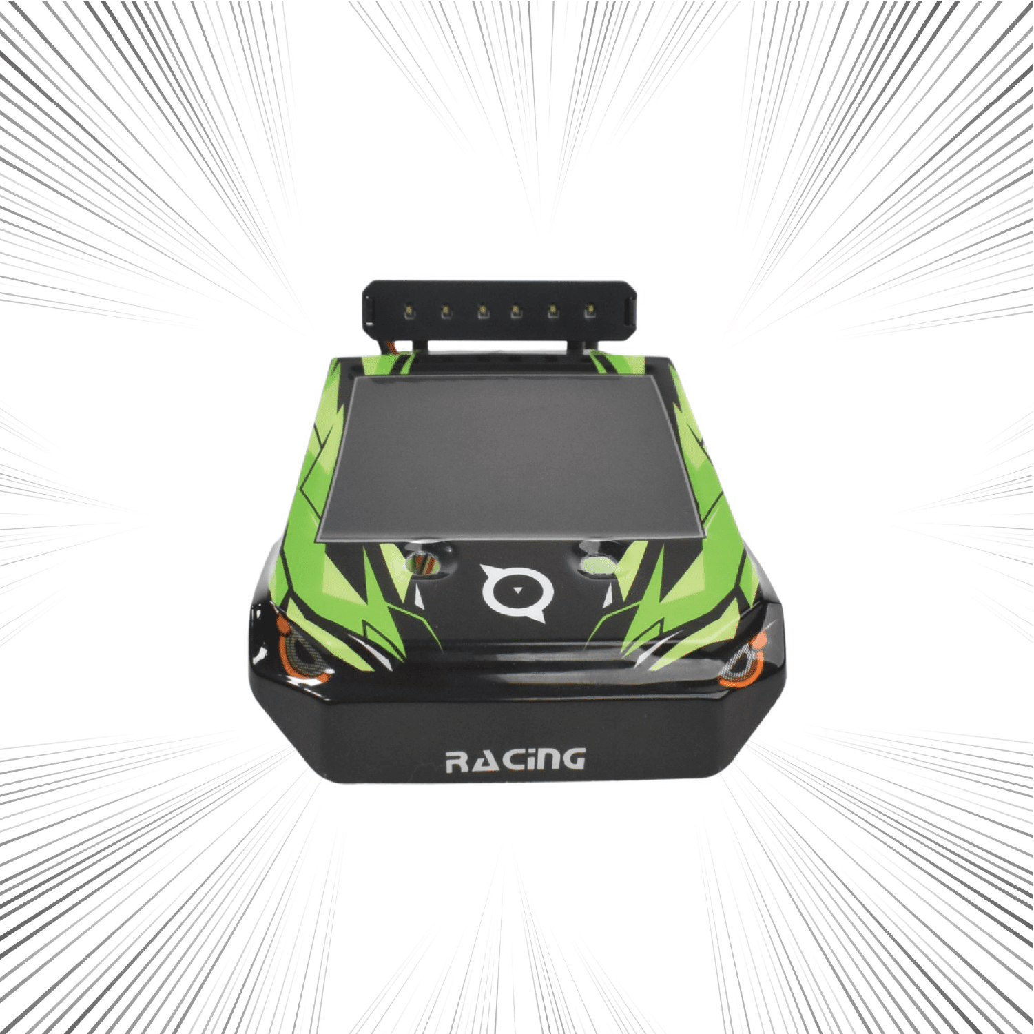 Racing-themed electronic device with green and black design on a white background
