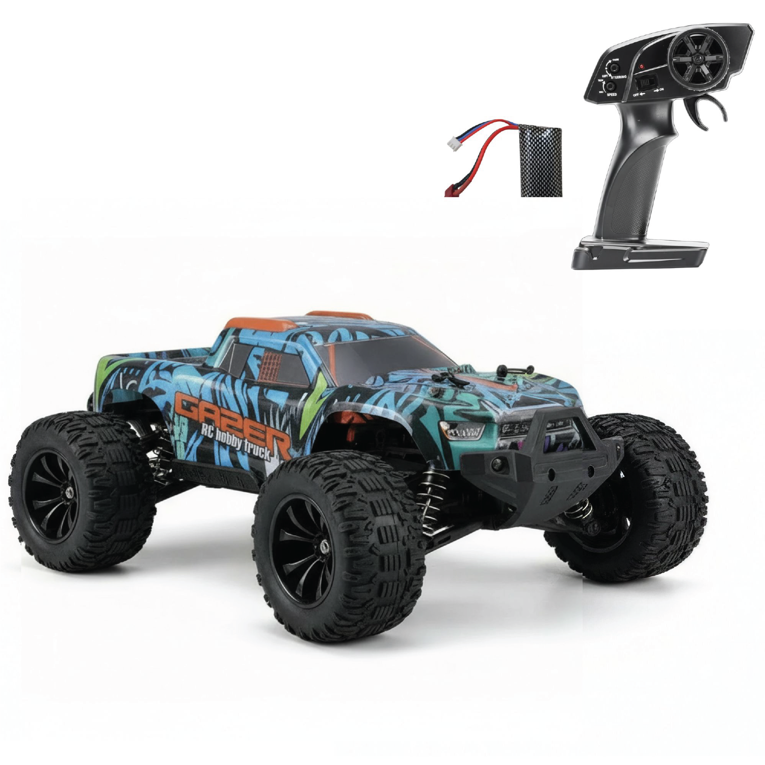 High Speed RC car with controller on a white background