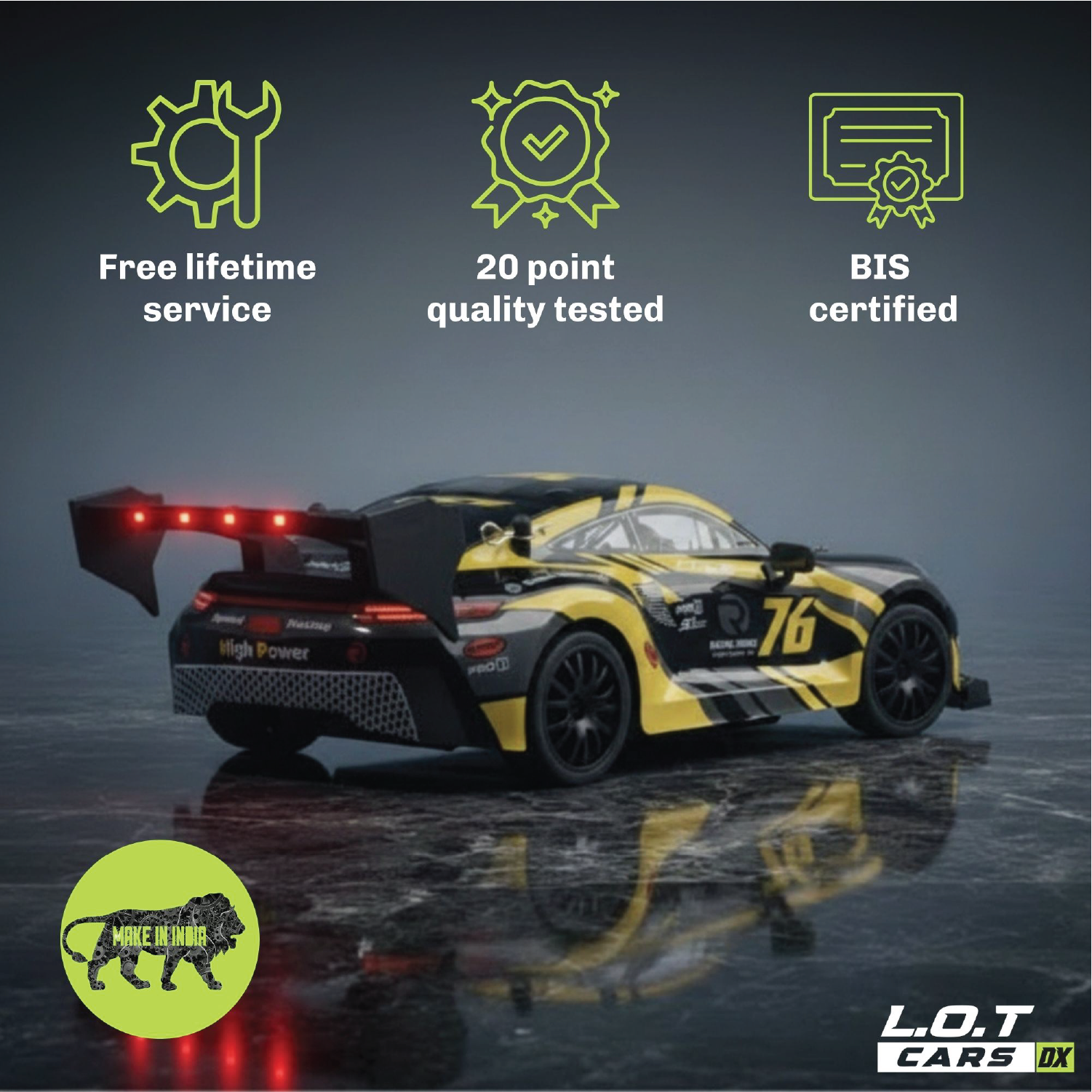 Yellow and black RC car with certification icons and text on a dark background