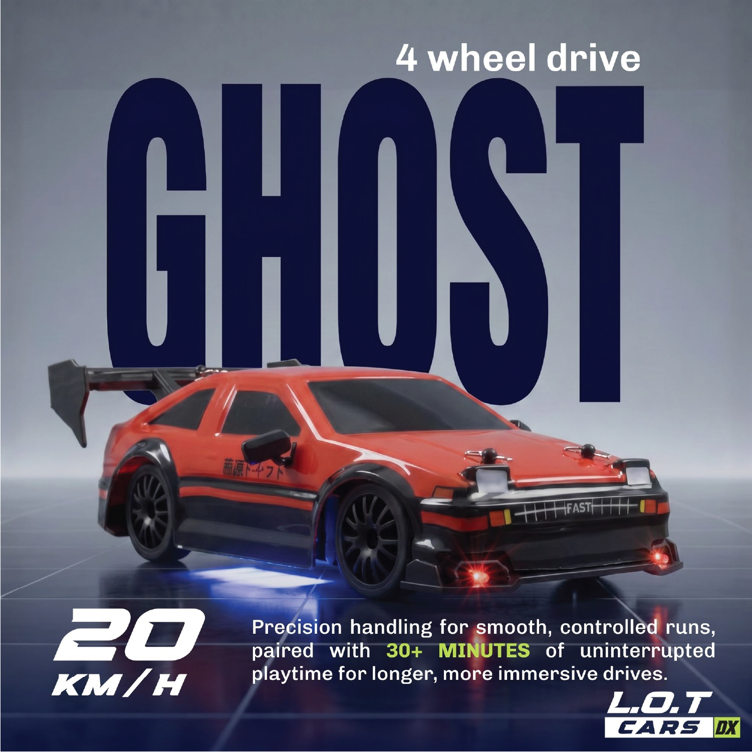 RC car with '4 wheel drive GHOST' branding on a gray background