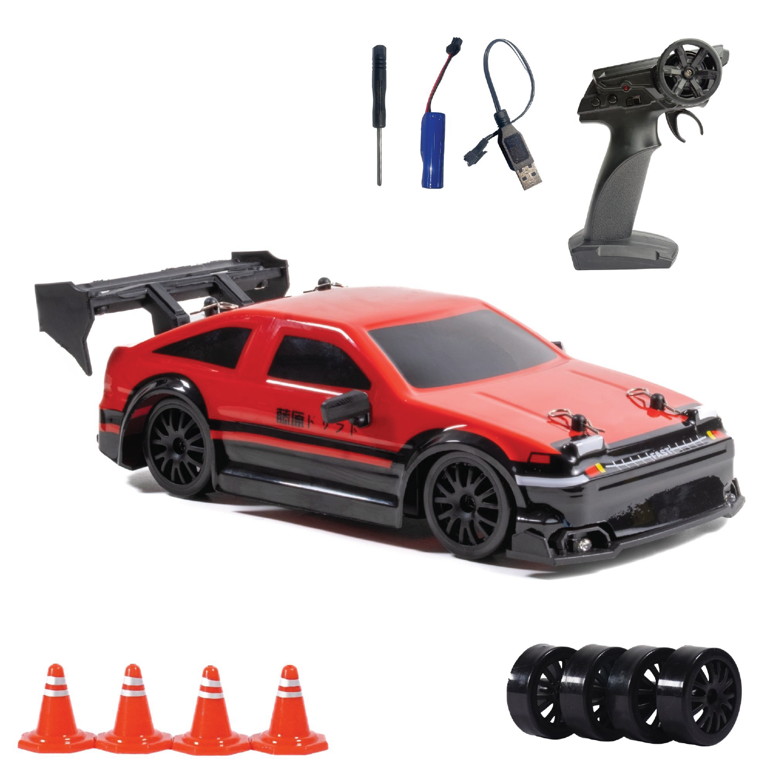 Red RC car with accessories on a white background