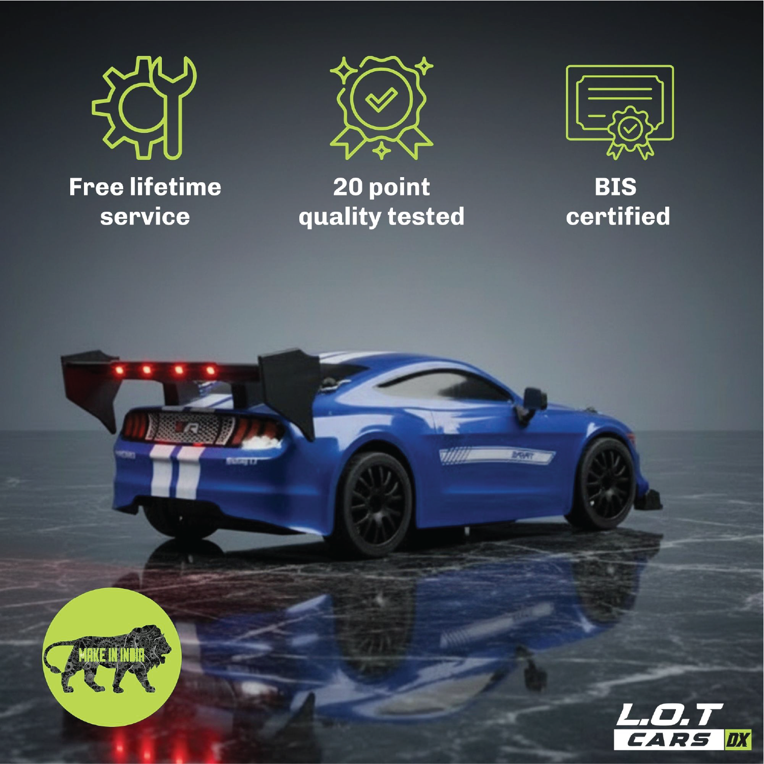 Blue RC car on a reflective surface with certification icons and text above it, featuring L.O.T Cars DX branding.