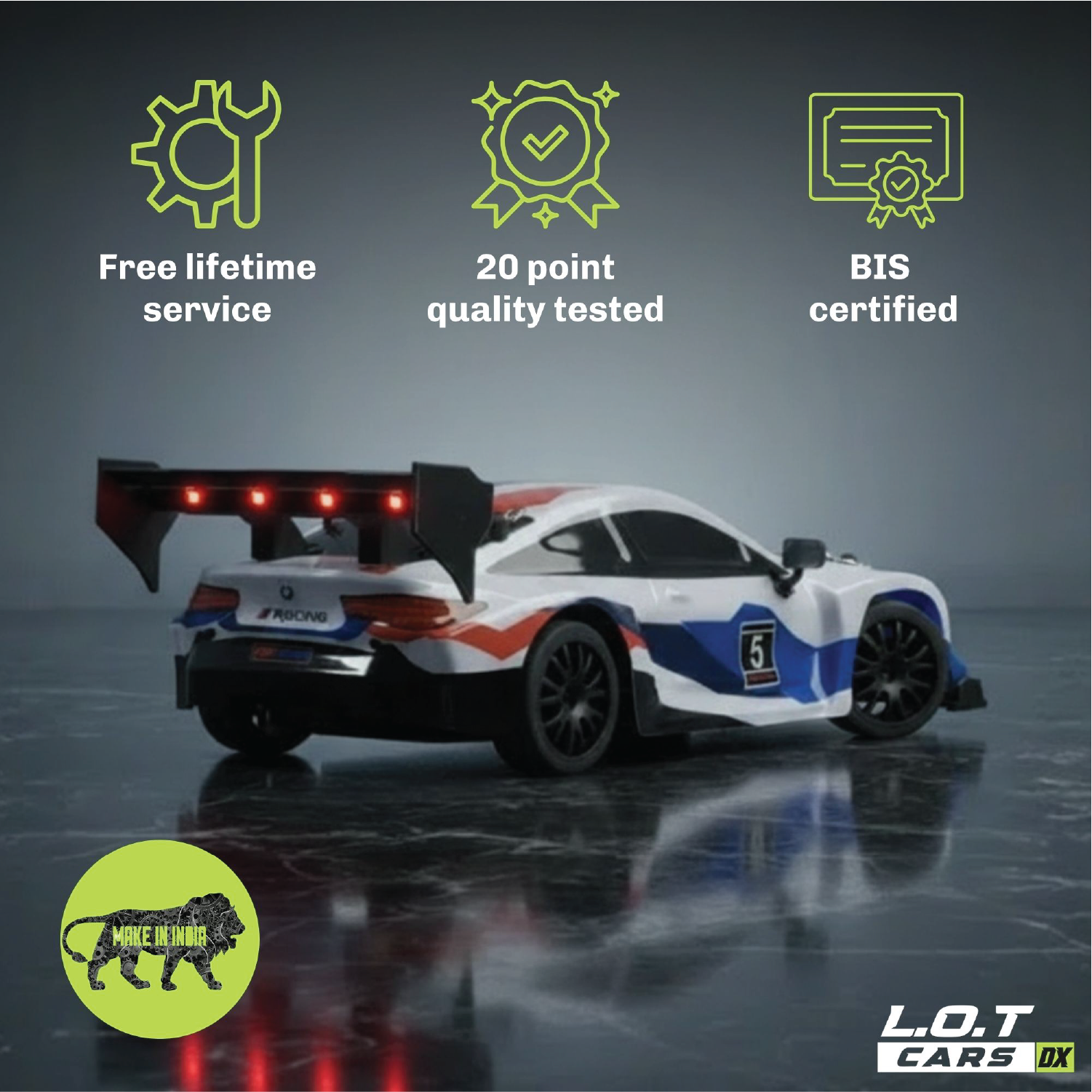 RC race car with certification icons and L.O.T Cars DX branding on a reflective surface.