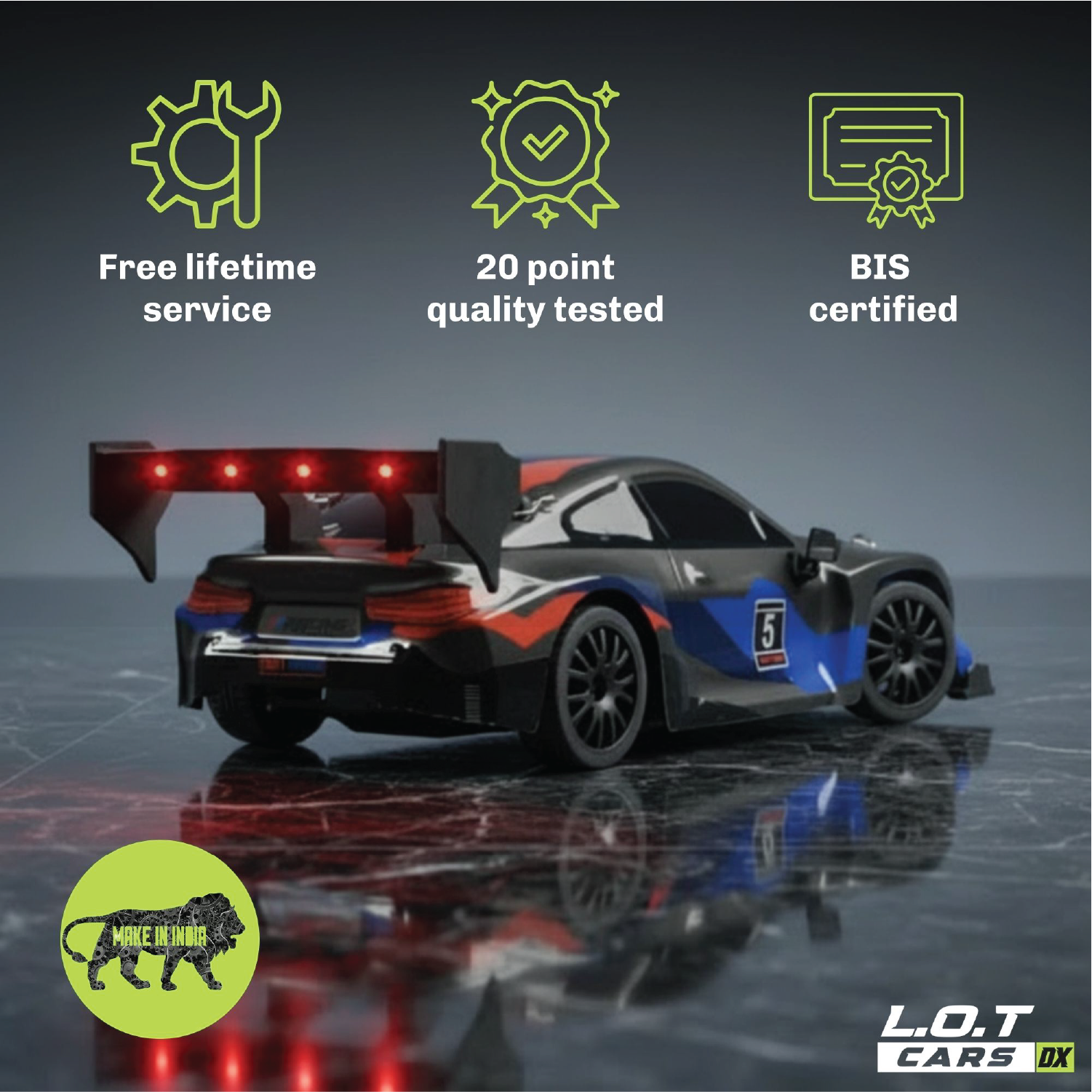 RC race car with certification icons and L.O.T Cars DX branding on a reflective surface.