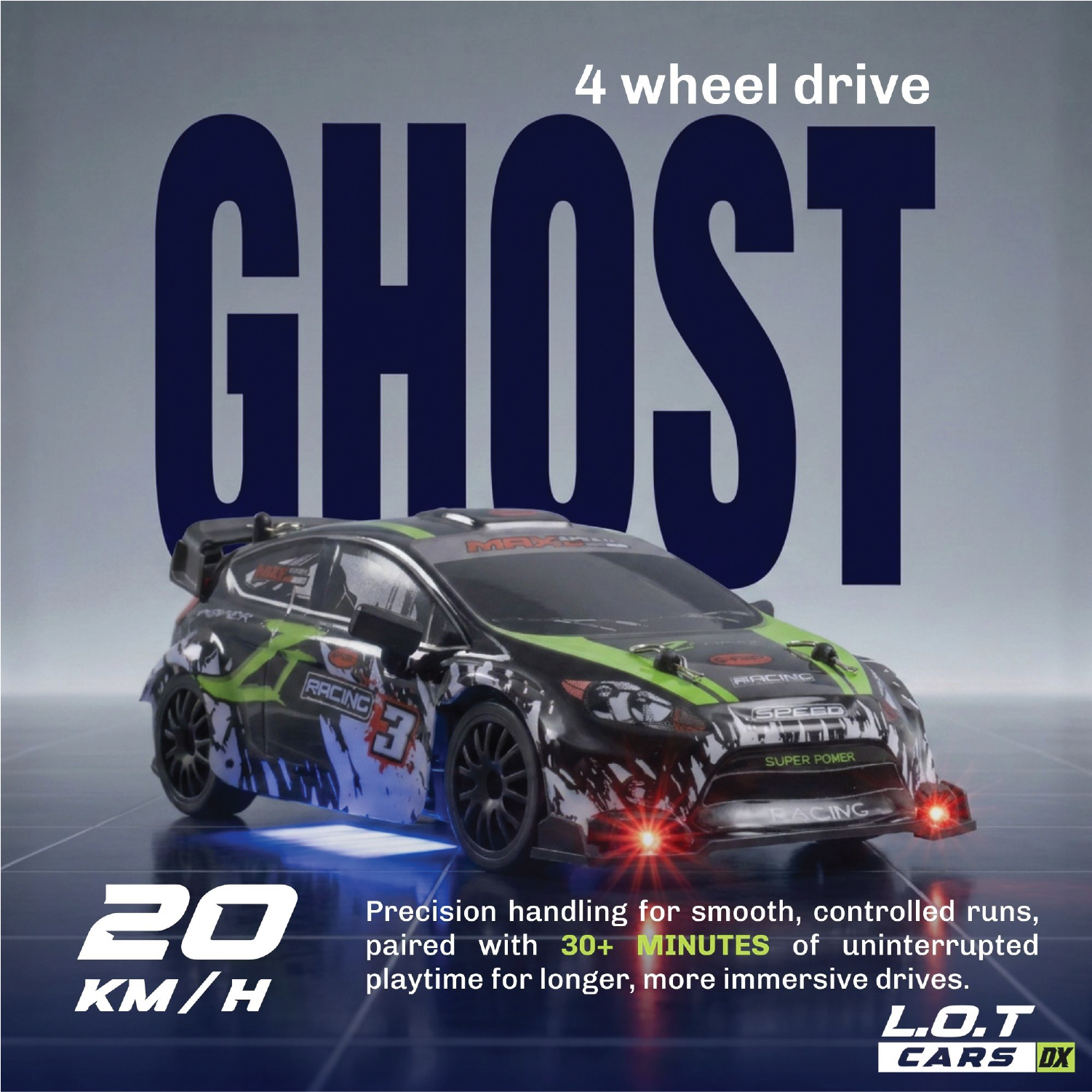 RC car with '4 wheel drive GHOST' text on a gray background