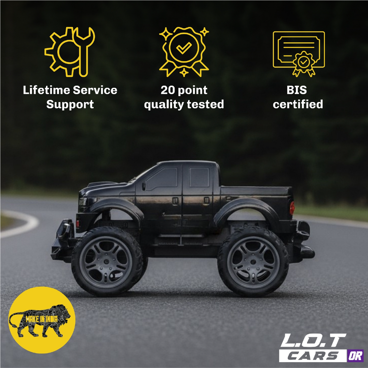 Black Knox RC pickup truck above badges for lifetime service support, 20-point testing and BIS certification