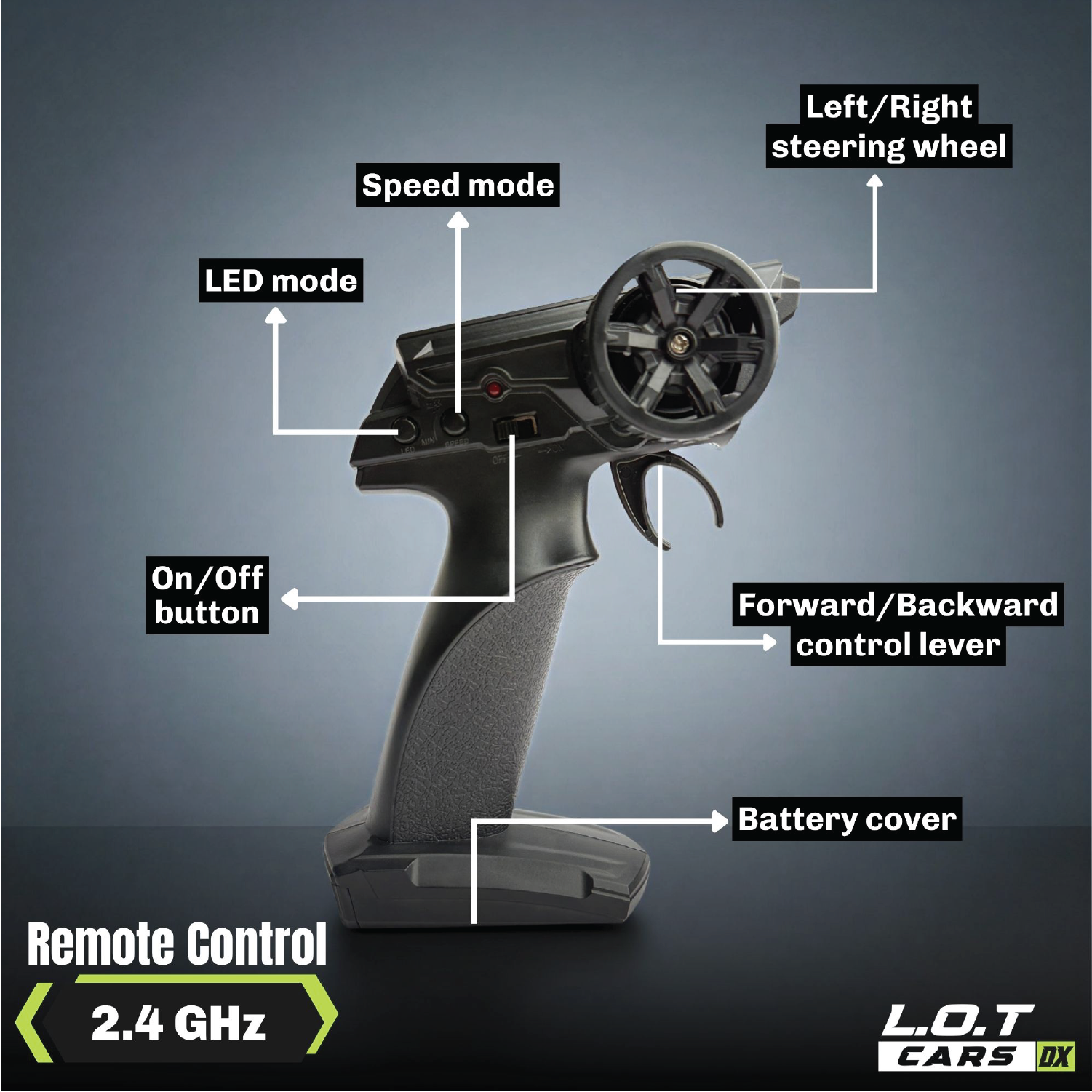 Black remote control with labeled parts on a gray background, featuring L.O.T Cars DX branding.