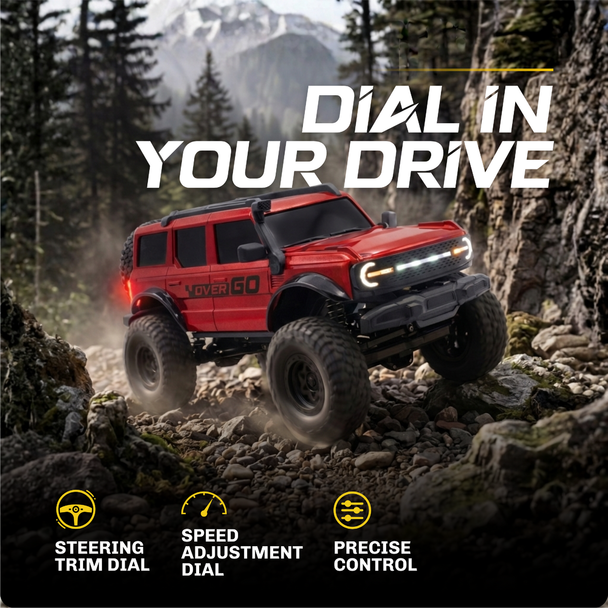 Red Roxie RC crawler mid-climb, showing steering trim, speed adjustment and precise control