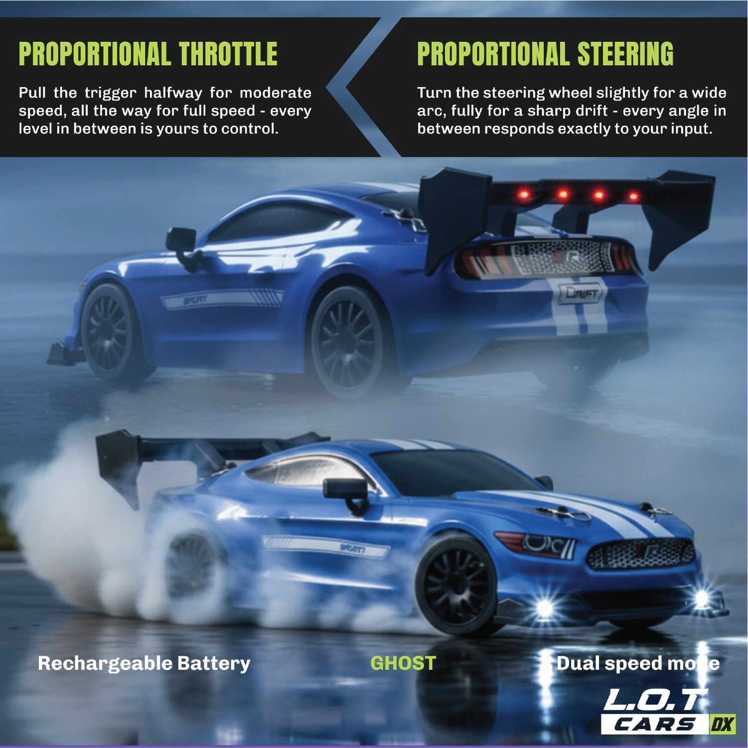 Blue RC car with features highlighted on a dark background