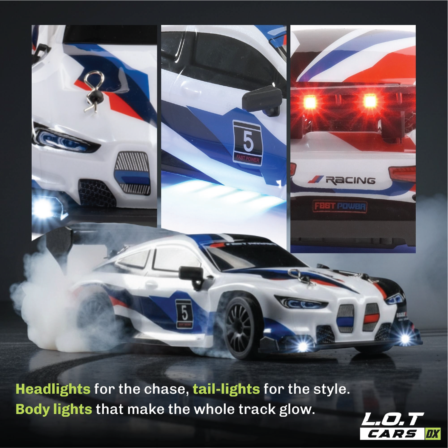 Stylized RC car with various lights on a dark background, featuring the L.O.T Cars DX brand.