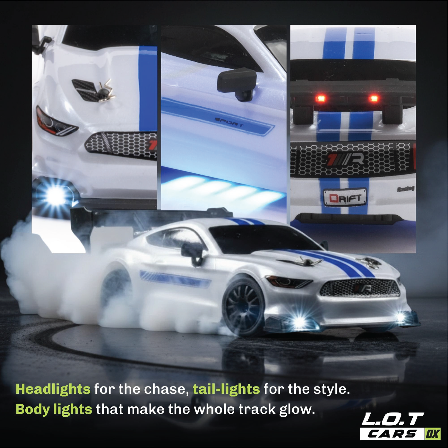 Promotional image of a RC car with various lights on, featuring the brand 'L.O.T Cars'.