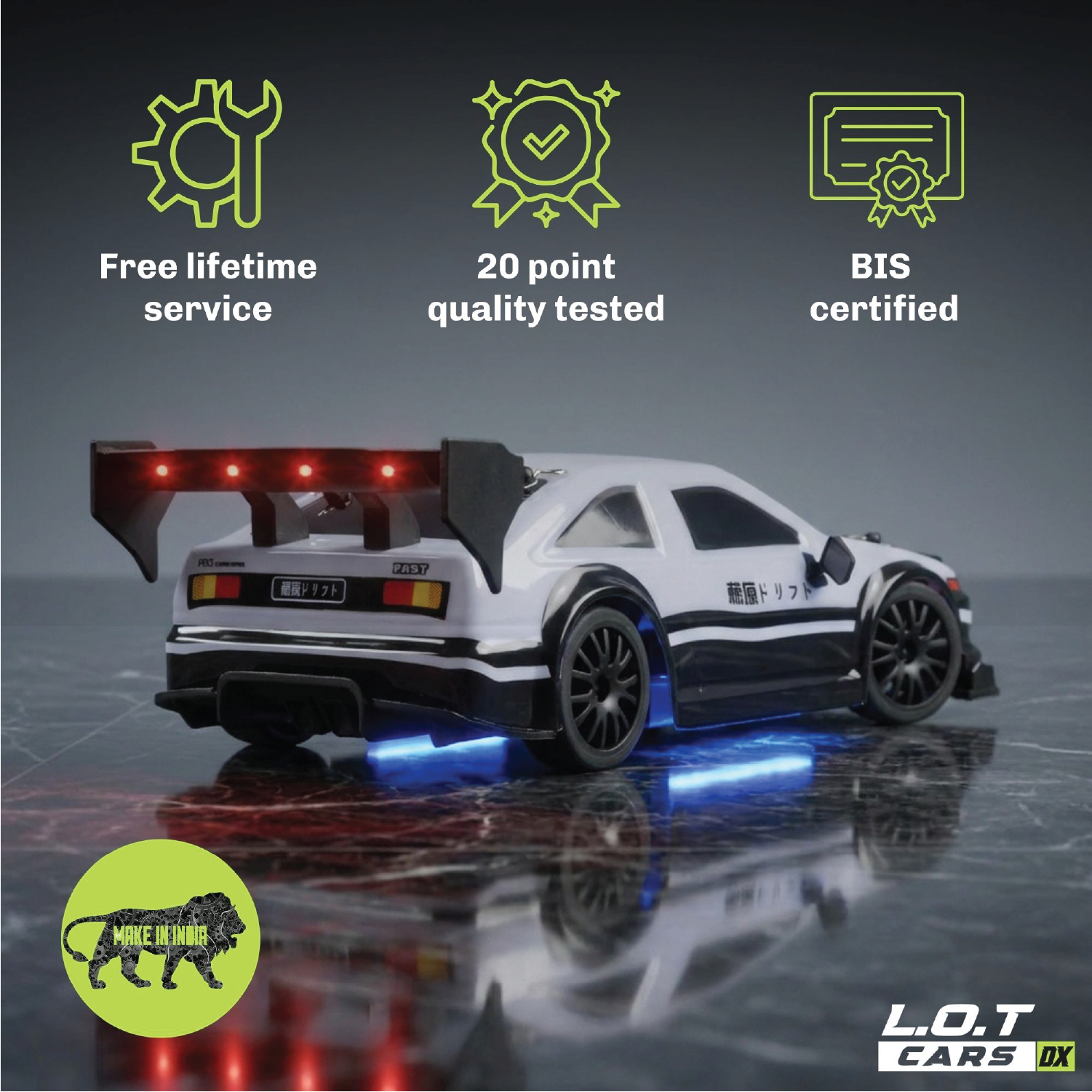 RC car with certification icons and L.O.T Cars branding on a reflective surface.