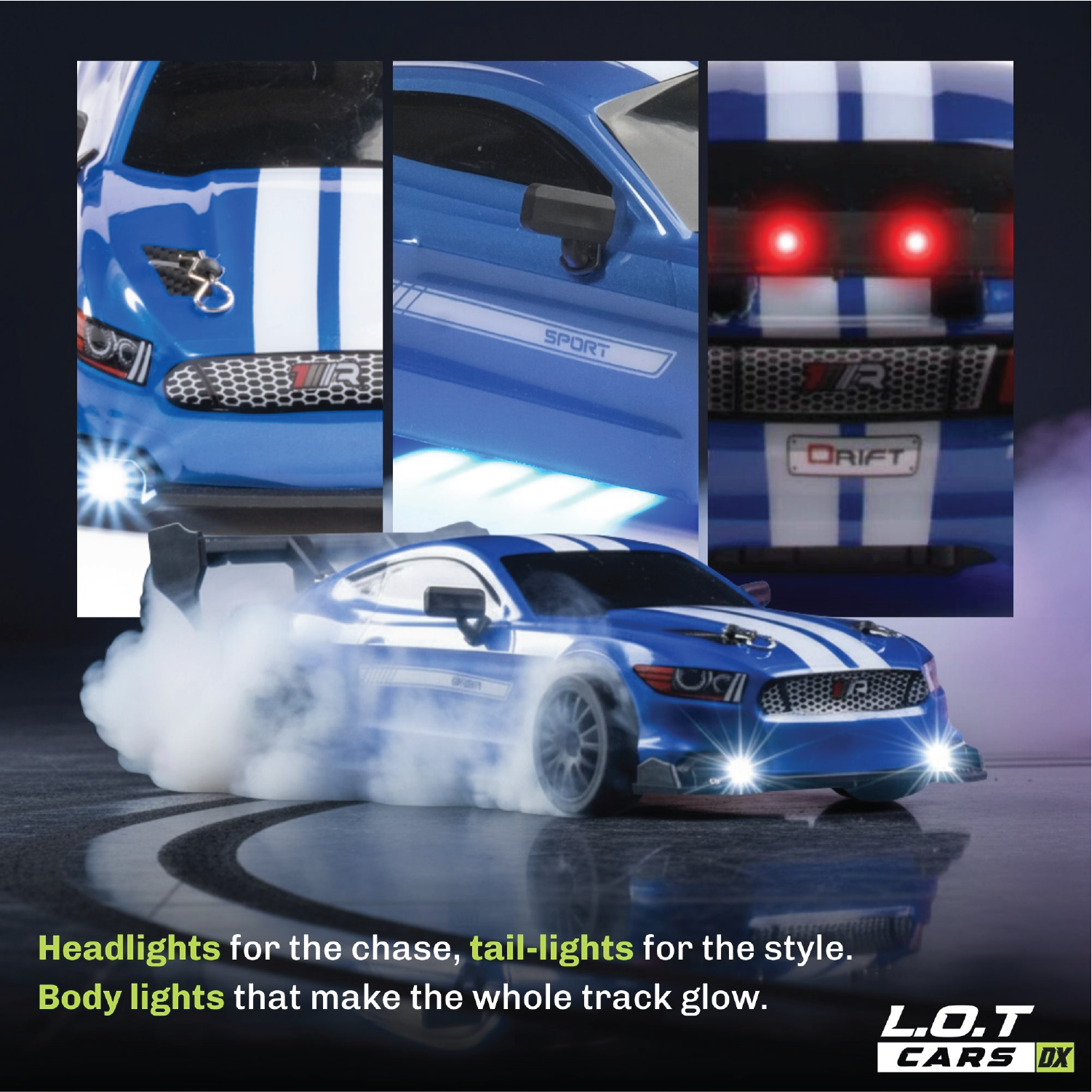 Blue and white RC car with various lights on a dark background, featuring L.O.T Cars branding.