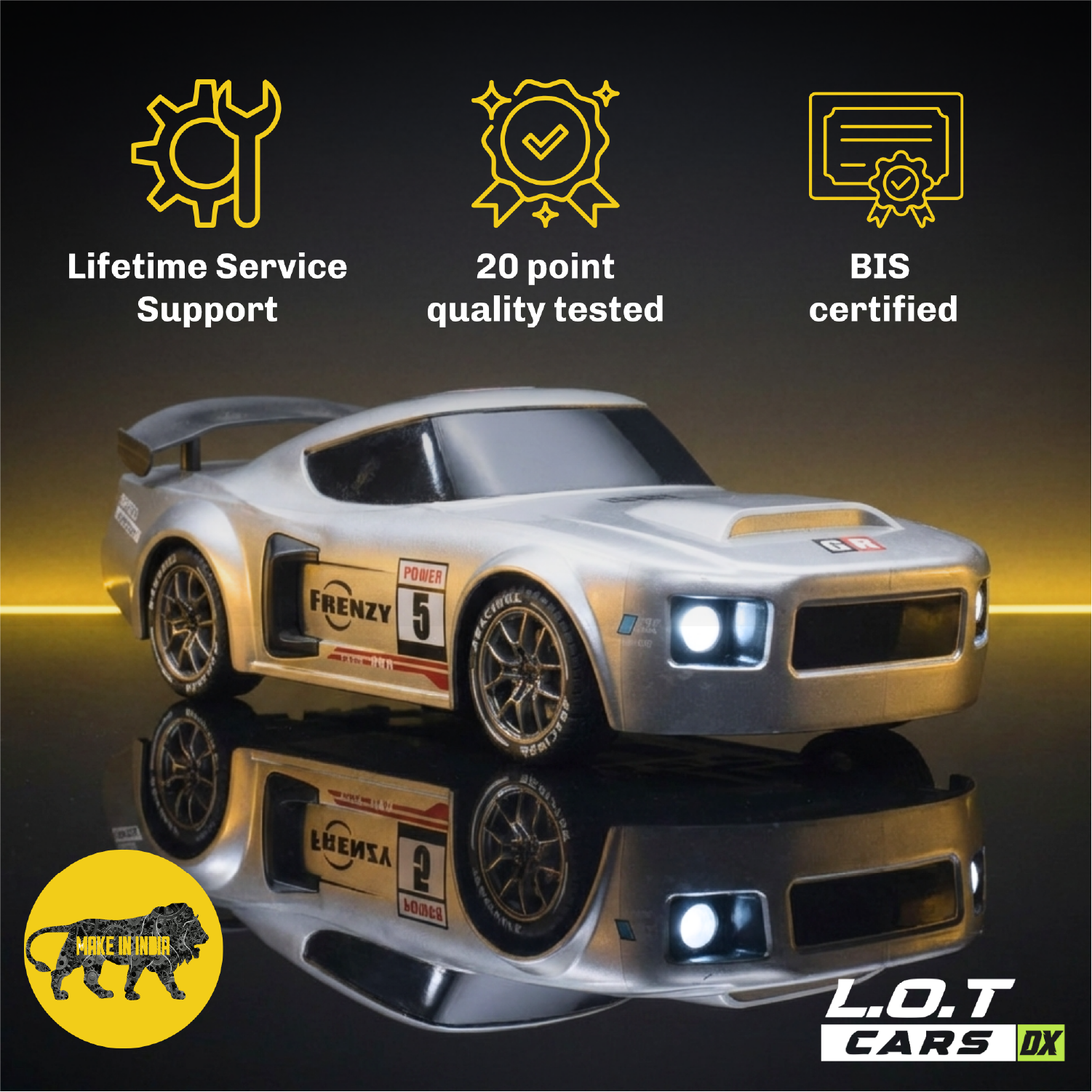 Flare 1.0 in Underground Silver above badges for lifetime service support, 20-point quality testing and BIS certification