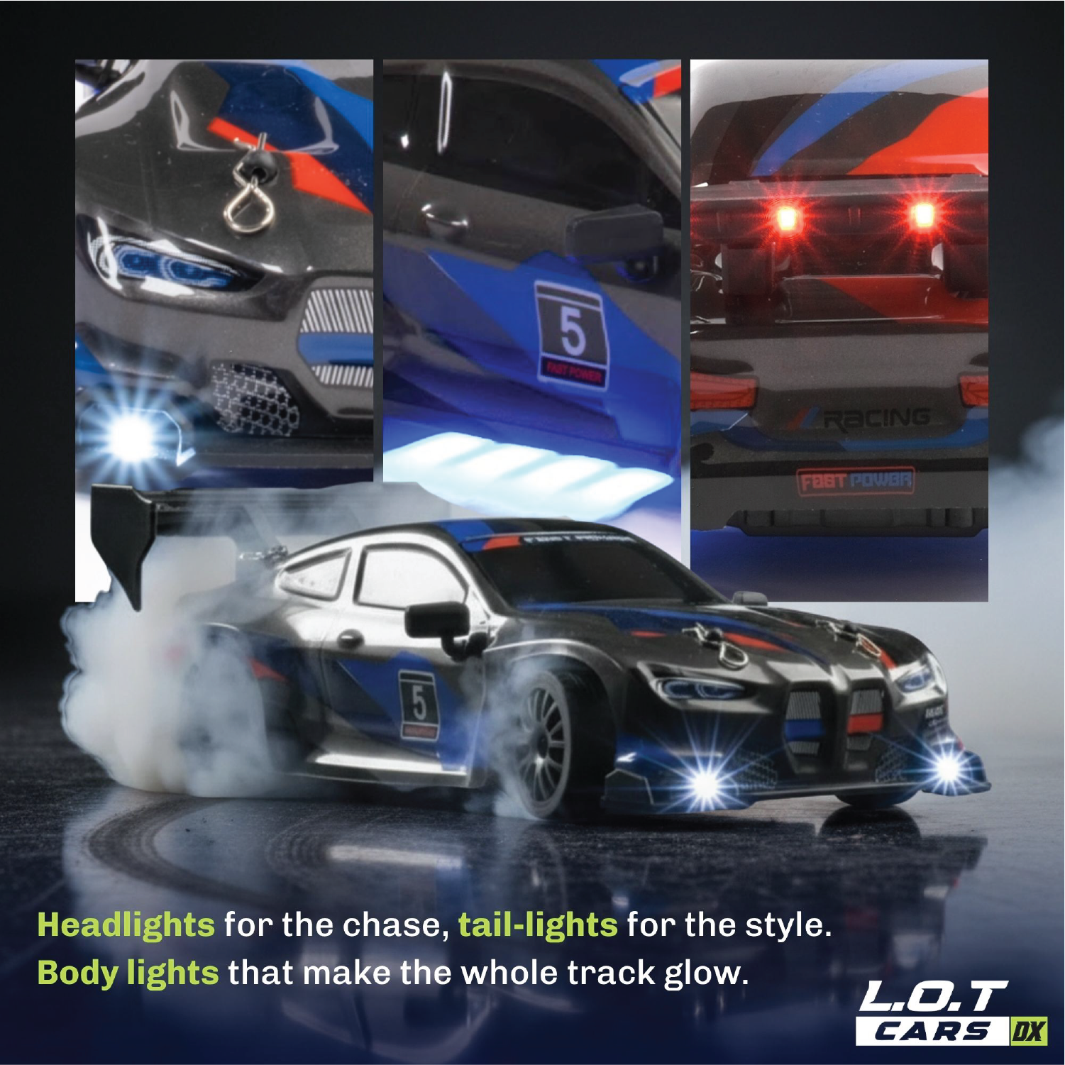 Promotional image of a RC car with various lights on, featuring L.O.T Cars branding.