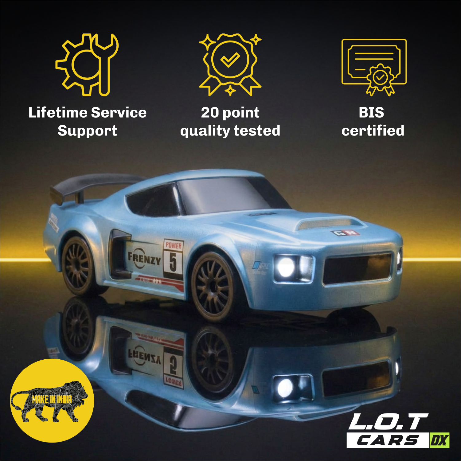 Flare 1.0 in Underground Blue above badges for lifetime service support, 20-point quality testing and BIS certification