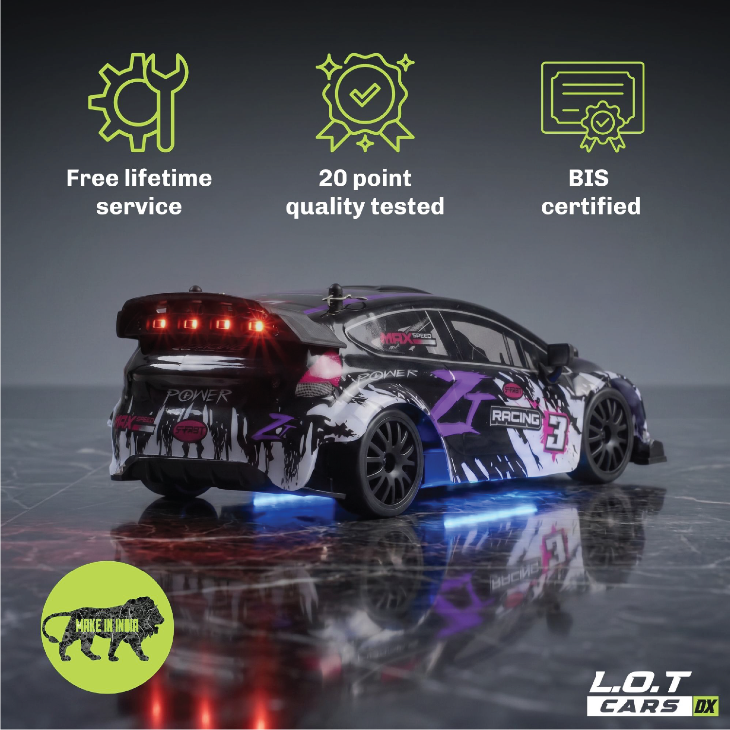 RC car with certification icons and text on a reflective surface