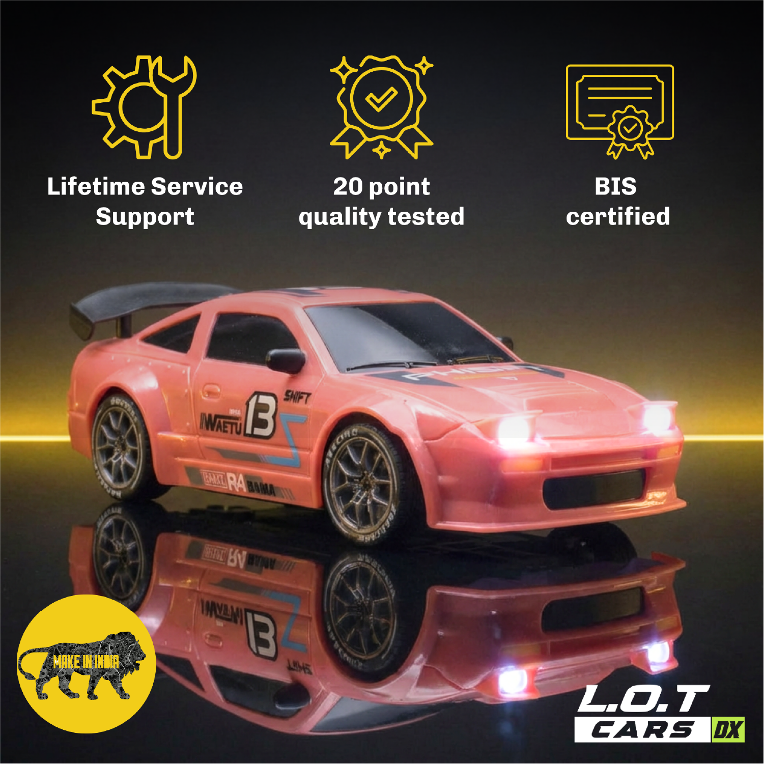 Flare 1.0 in Track Pink above badges for lifetime service support, 20-point quality testing and BIS certification