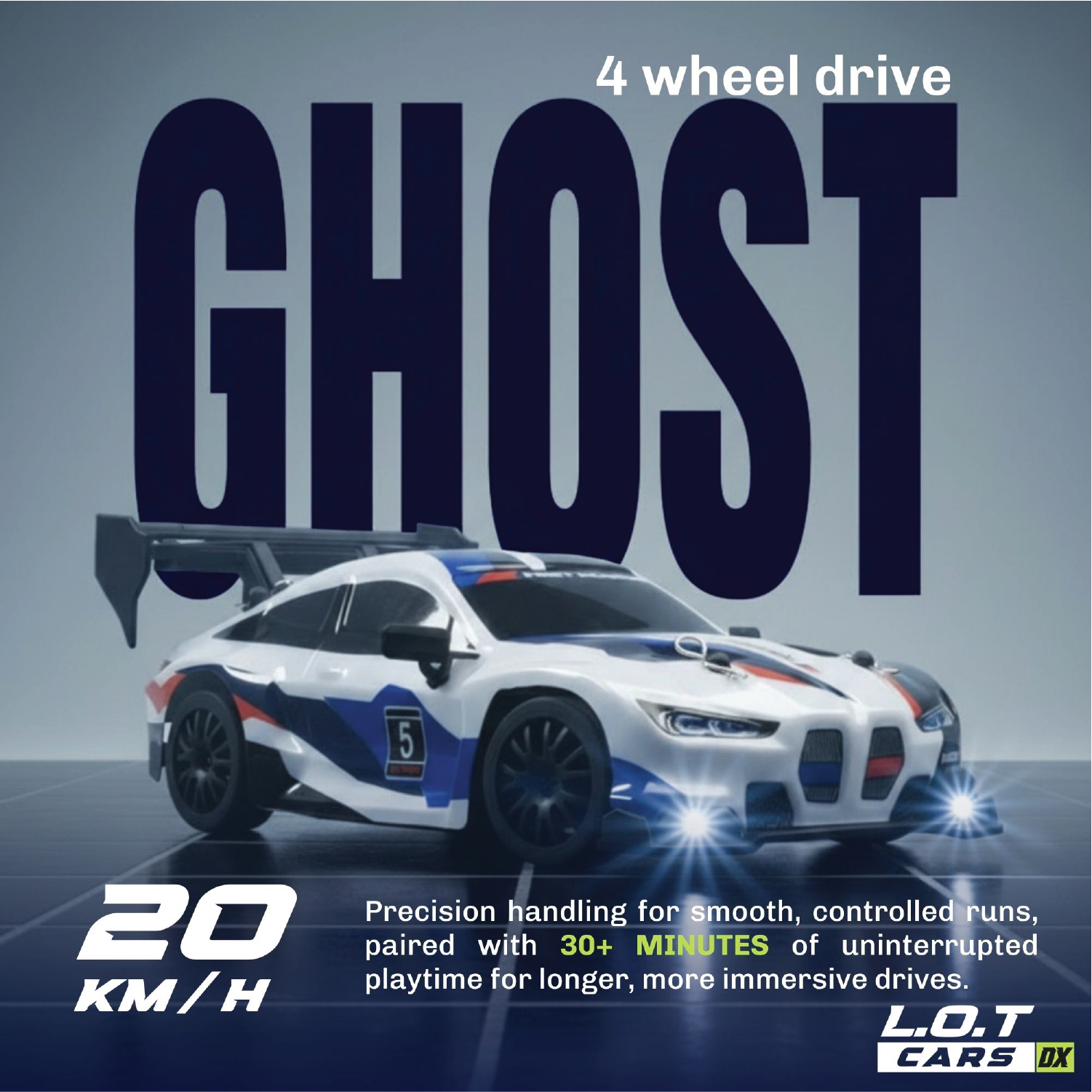 RC car with '4 wheel drive GHOST' text and specifications on a dark background