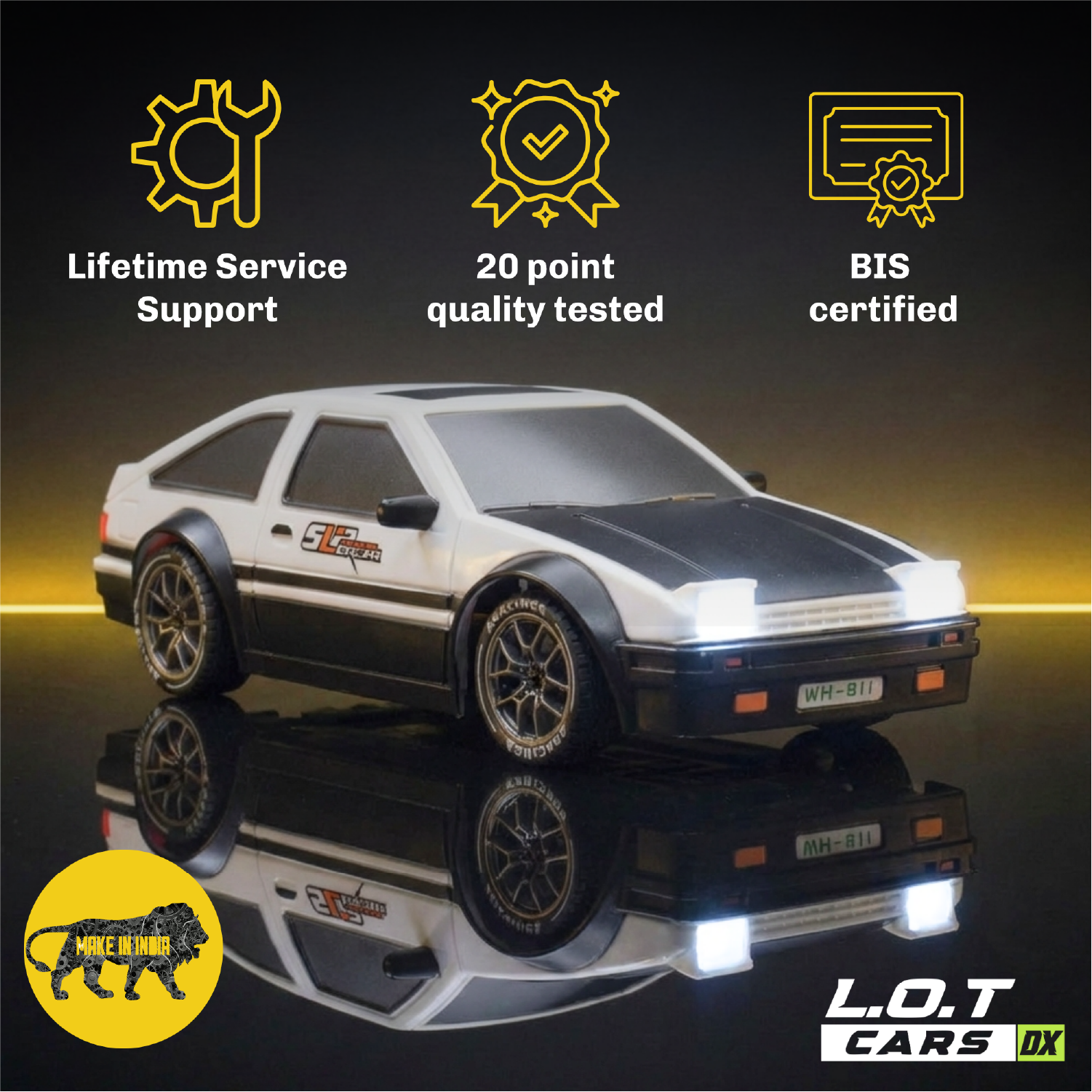 Flare 1.0 in Street White above badges for lifetime service support, 20-point quality testing and BIS certification