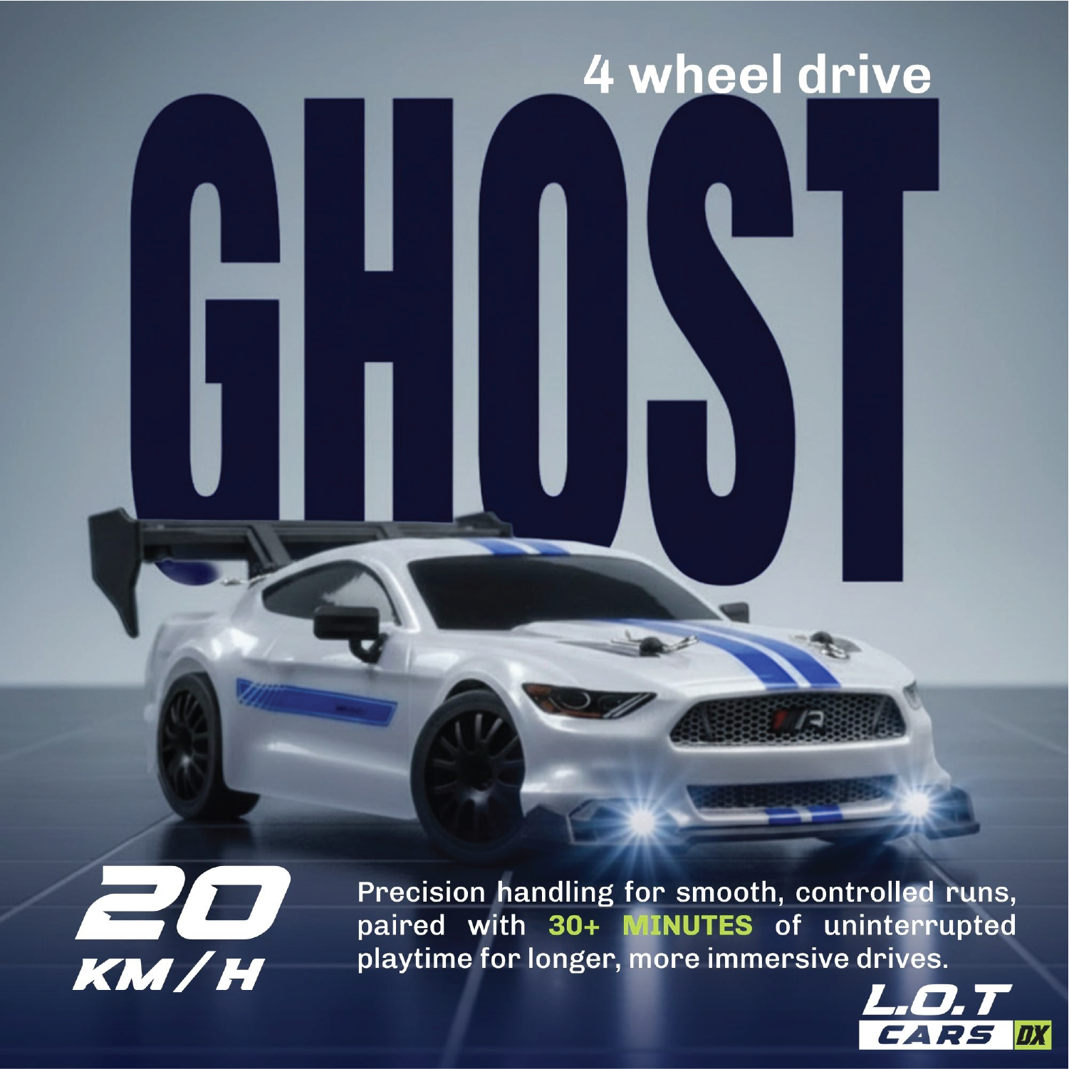 White RC car with blue stripes on a gray background, featuring text about 4-wheel drive and speed.