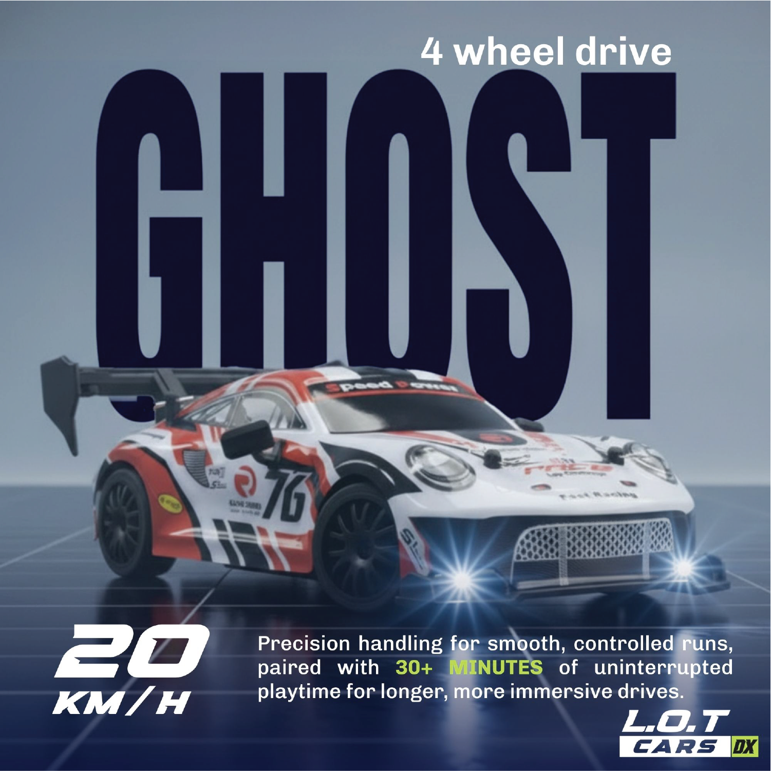 RC car with '4 wheel drive GHOST' text and specifications on a gray background