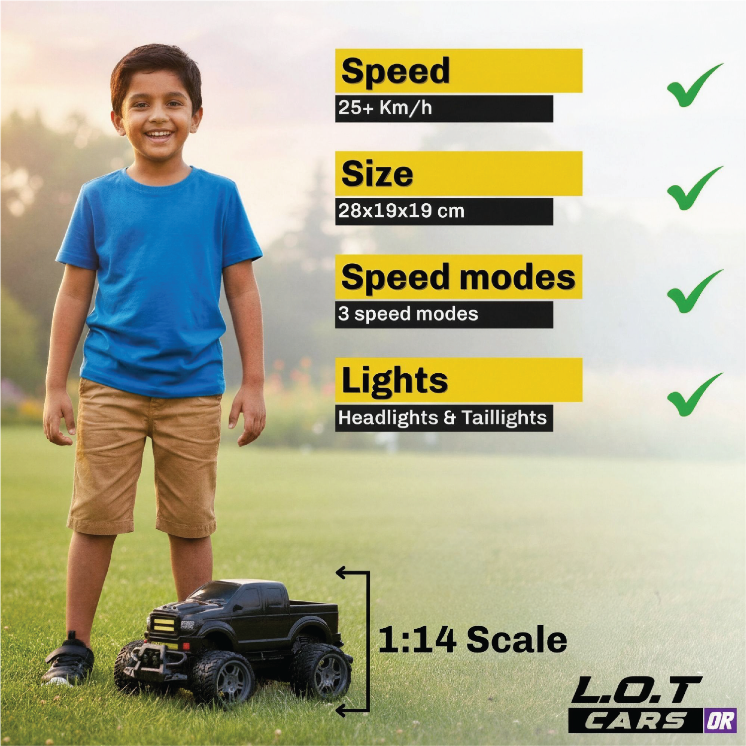 Child with an RC truck, specifications listed on the right, L.O.T Cars brand visible
