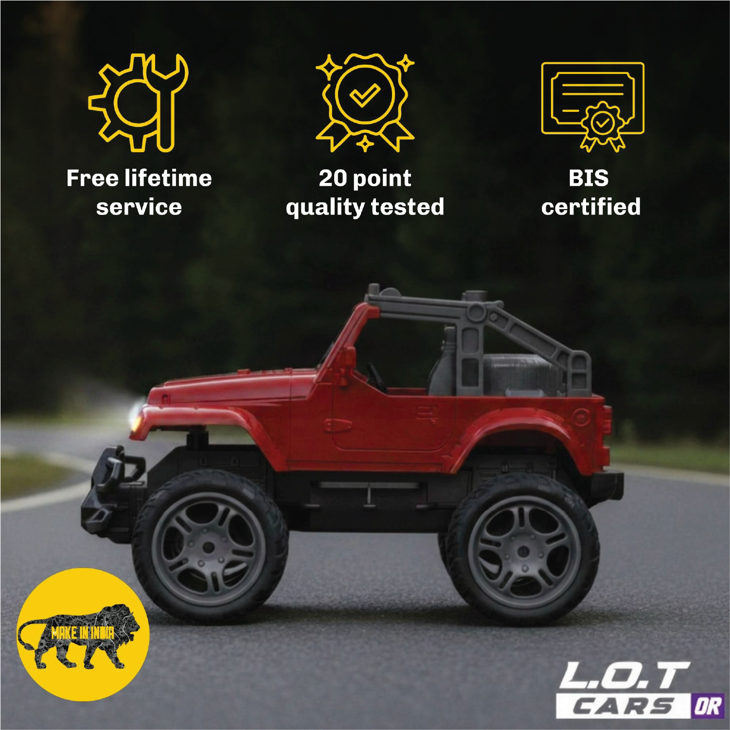Red RC car on a road with certification icons and text above it.