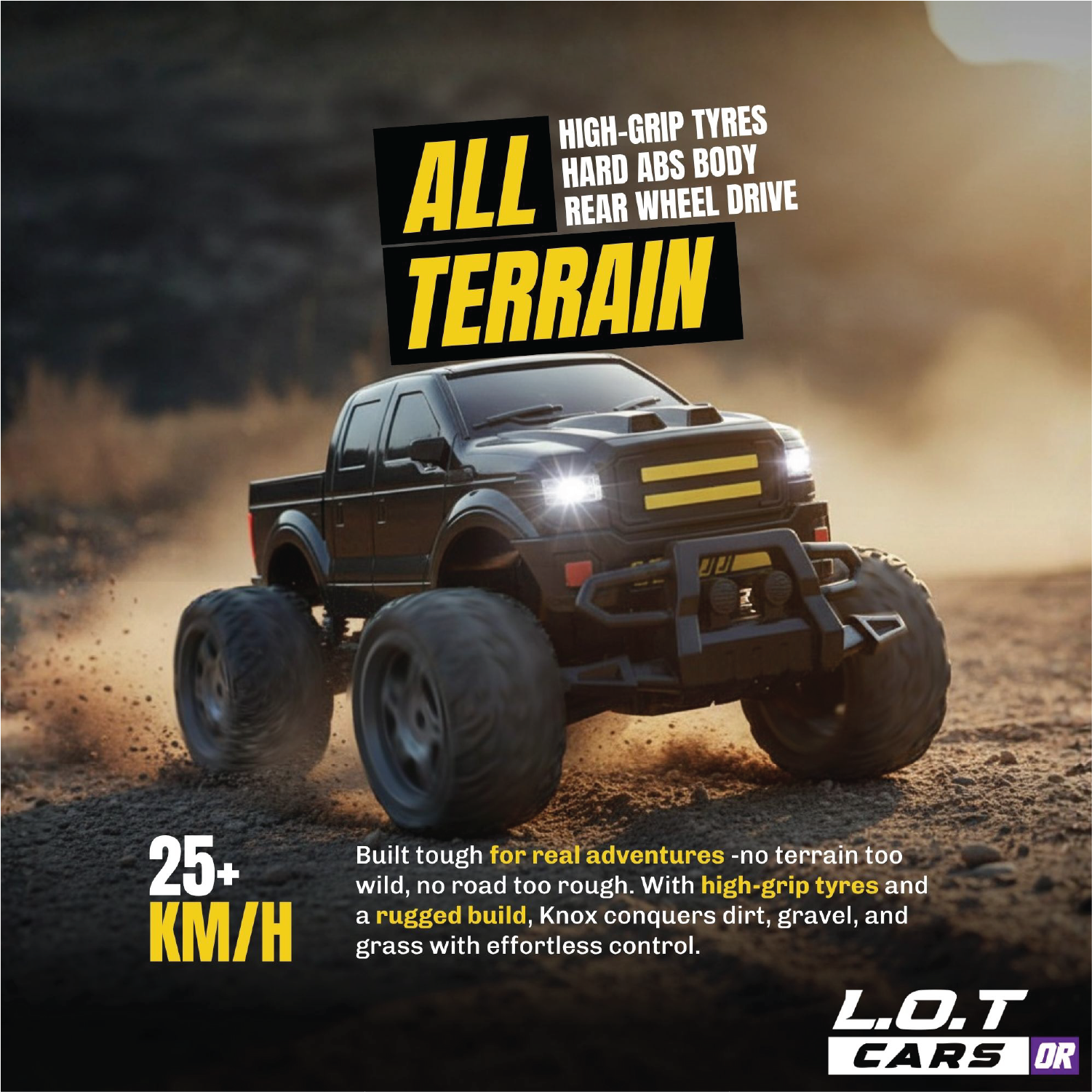 RC truck on a dirt road with promotional text about its features and speed.