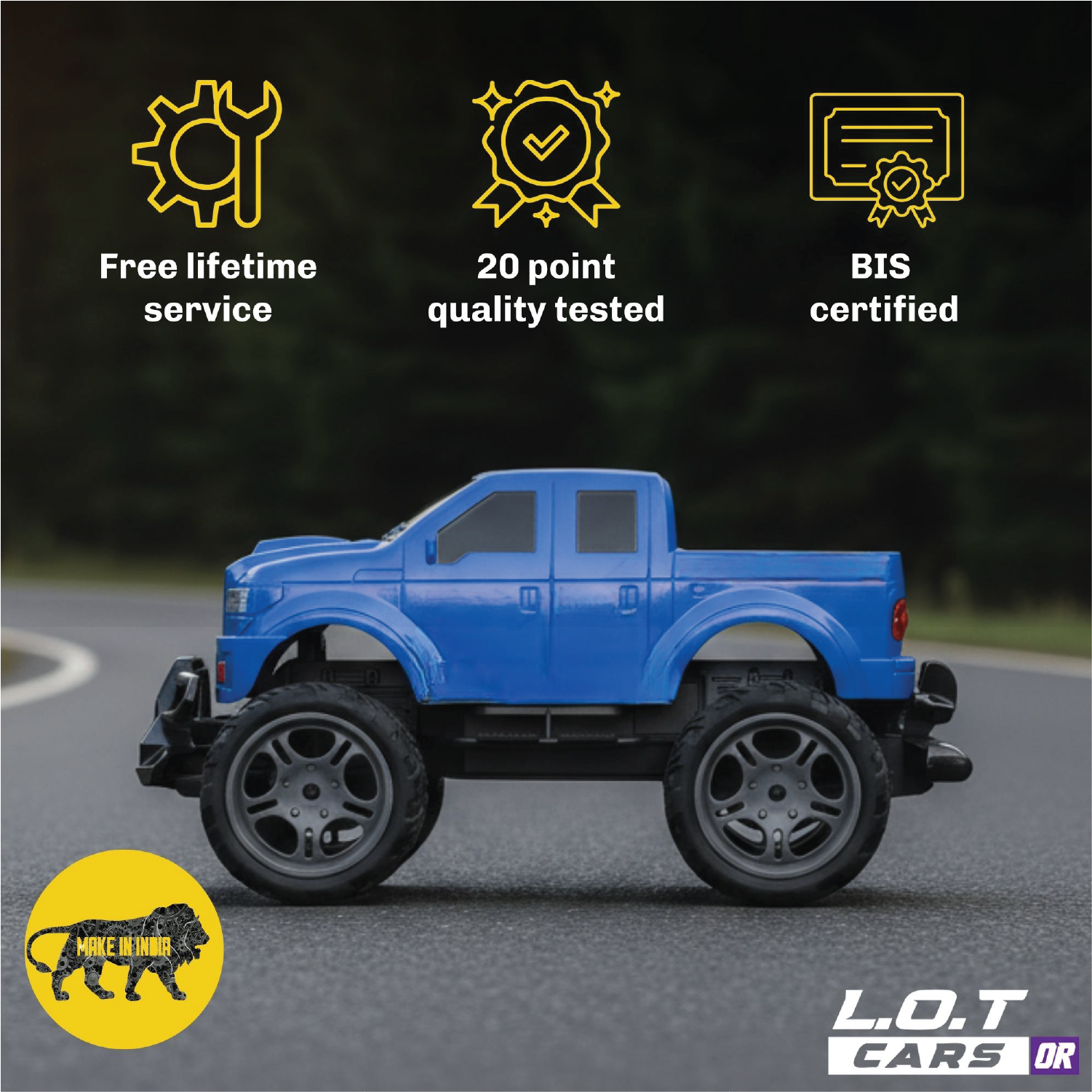 Blue RC truck on a road with certification icons and text above it.