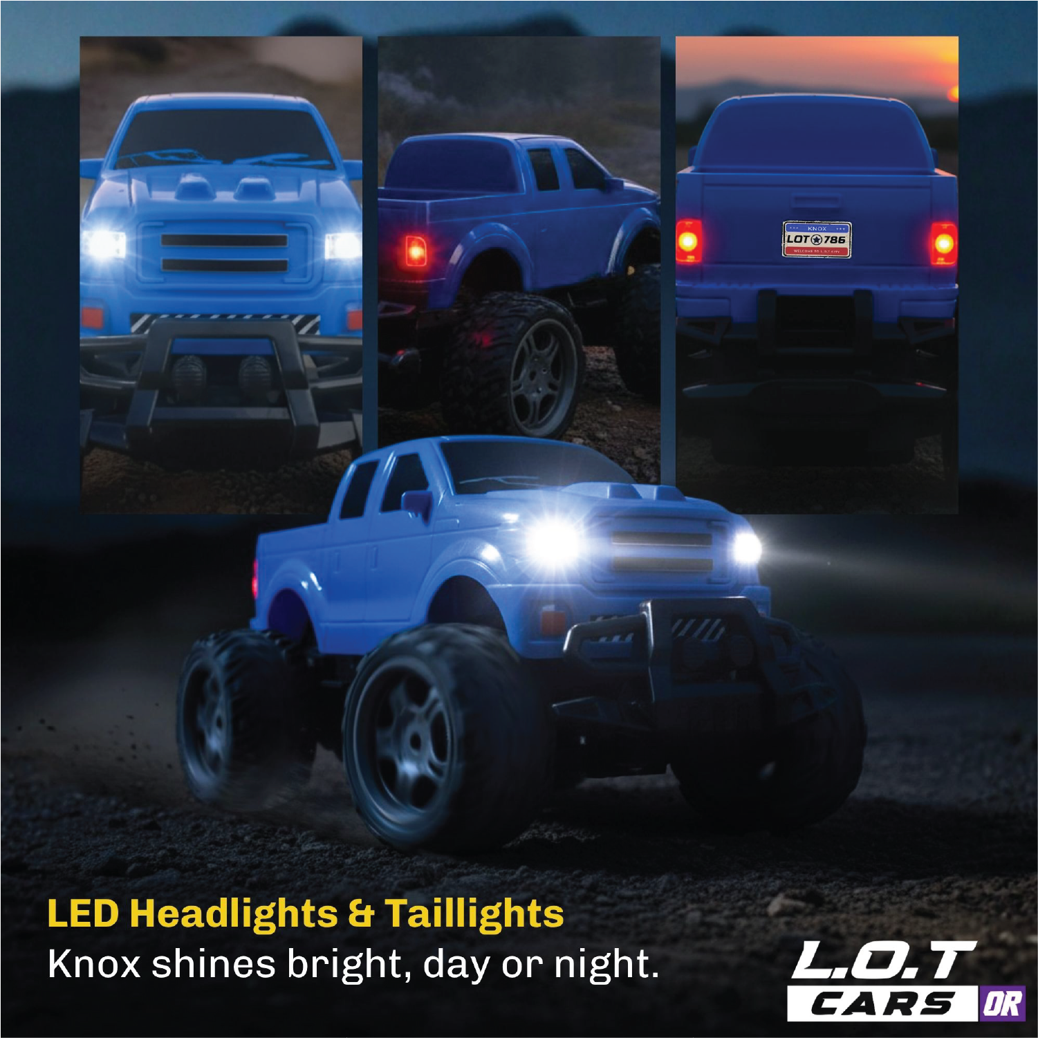 Blue RC truck with LED headlights and taillights displayed in various views on a dark background.