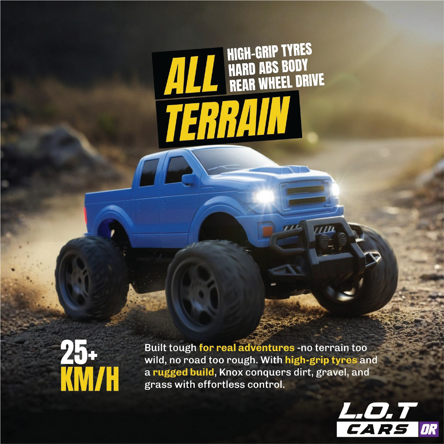 Blue RC truck on a dirt road with promotional text about its features.