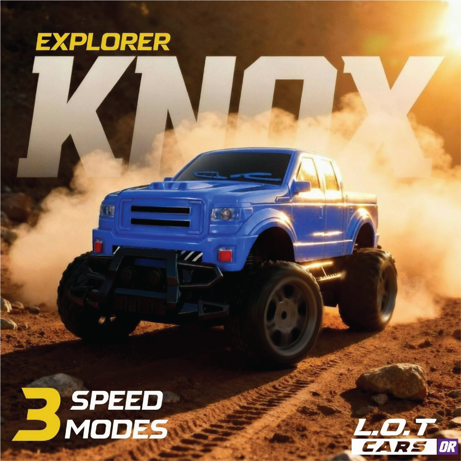 Blue RC truck with 'Explorer Knox' branding on a dusty outdoor background