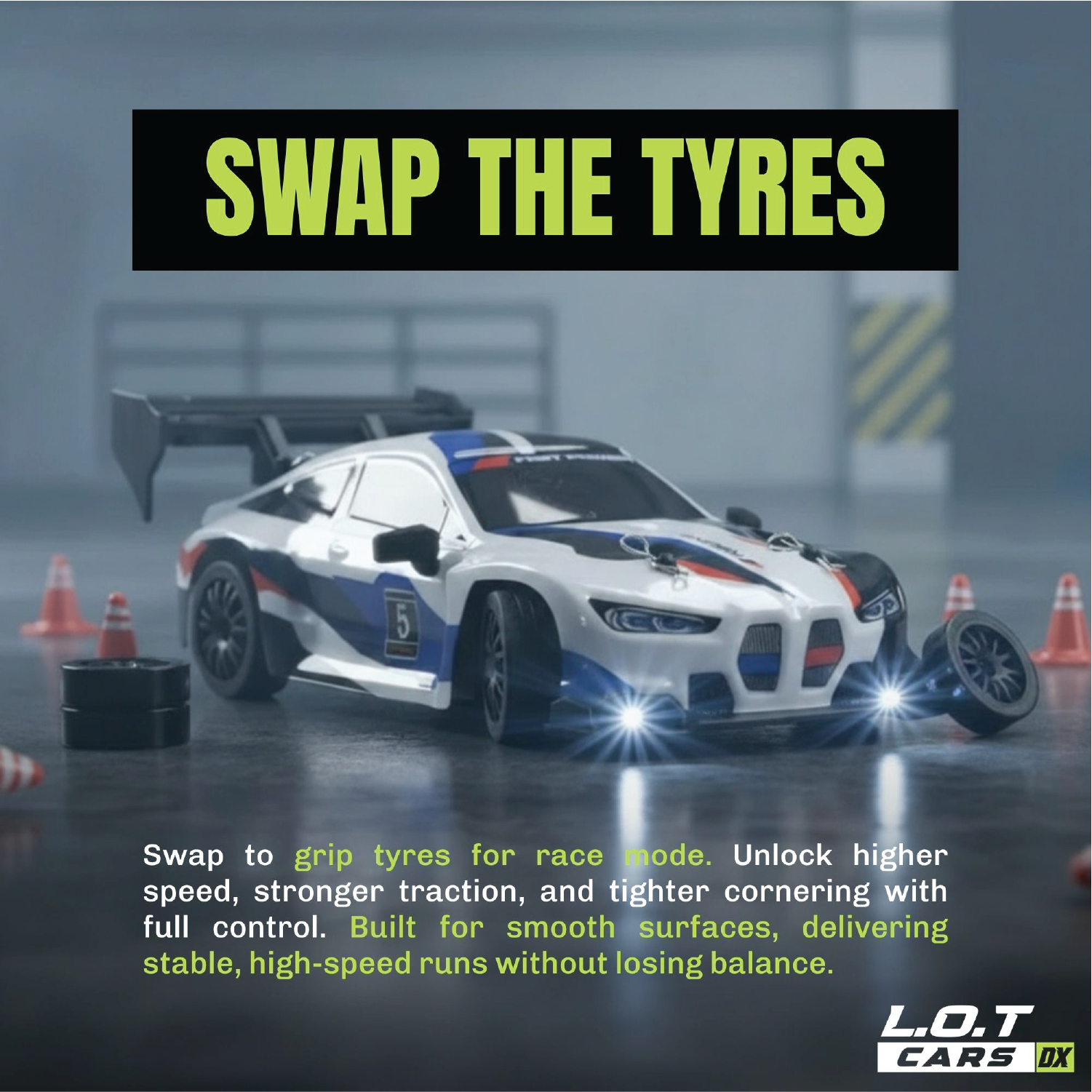 RC car with text about swapping tyres in a garage setting