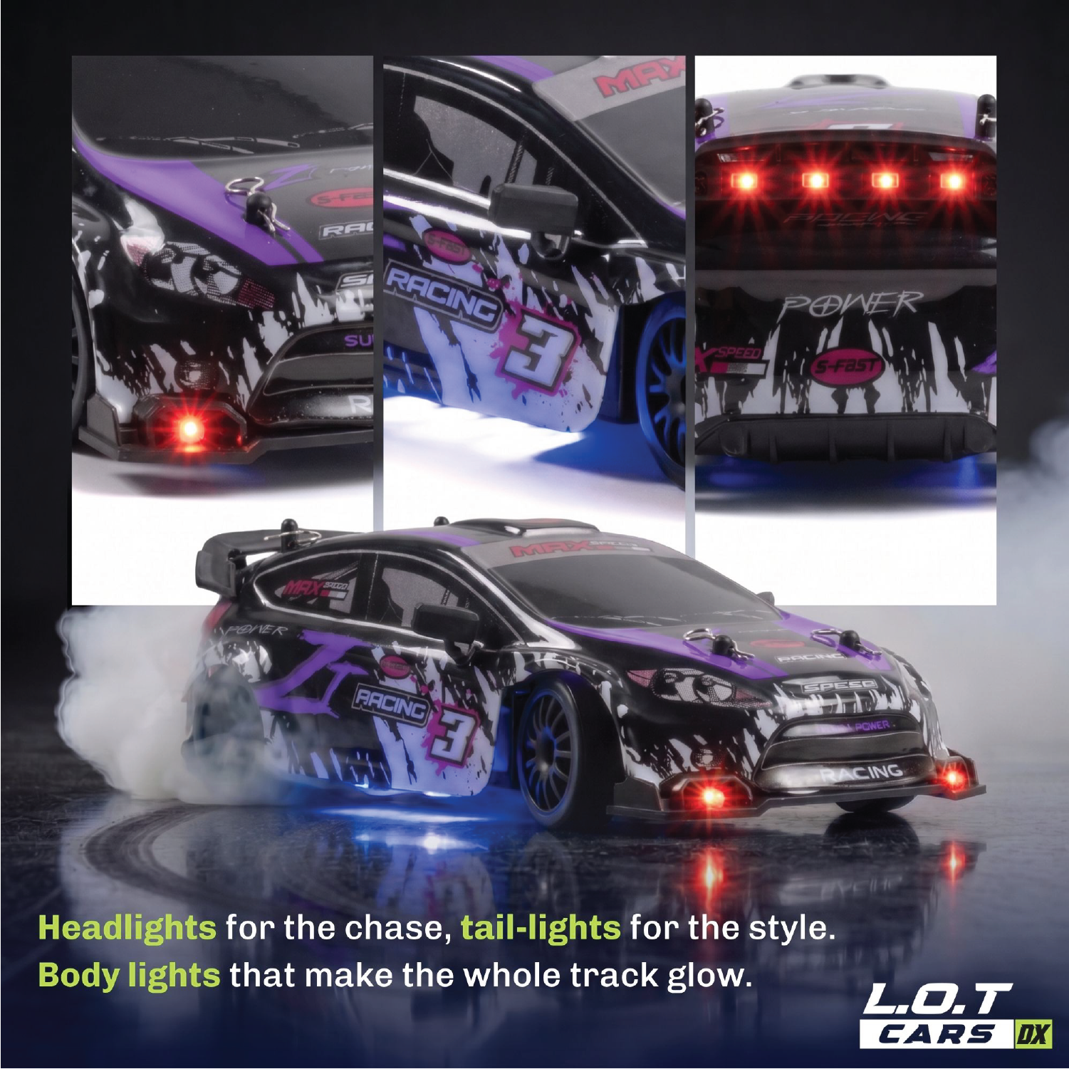 Collage of an RC car with various lights on a reflective surface, featuring L.O.T Cars DX branding.