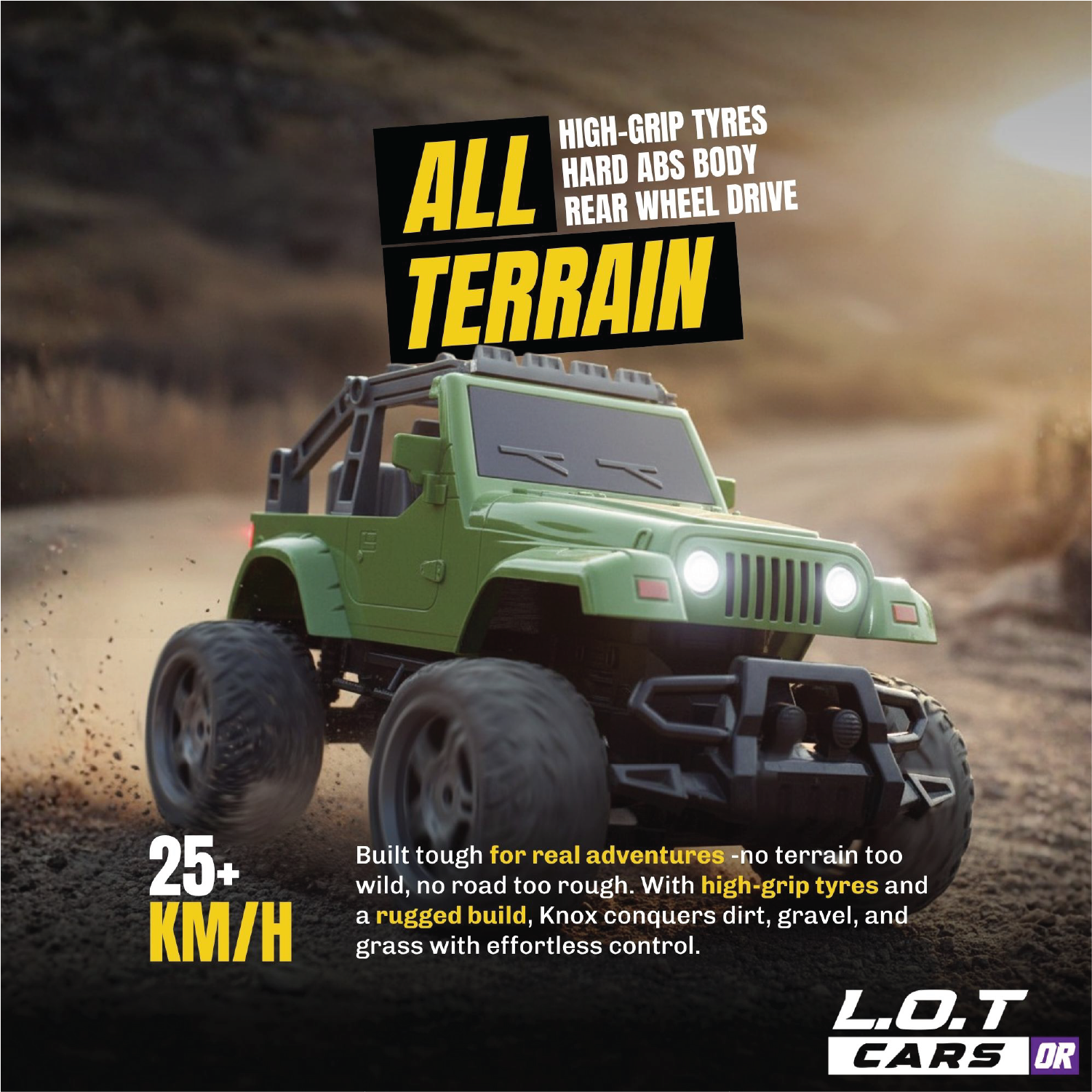 RC off-road vehicle on a desert background with text highlighting features.