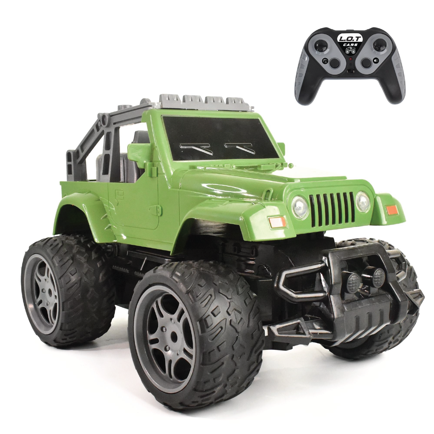 Green RC off-road vehicle with large wheels and a remote control on a white background