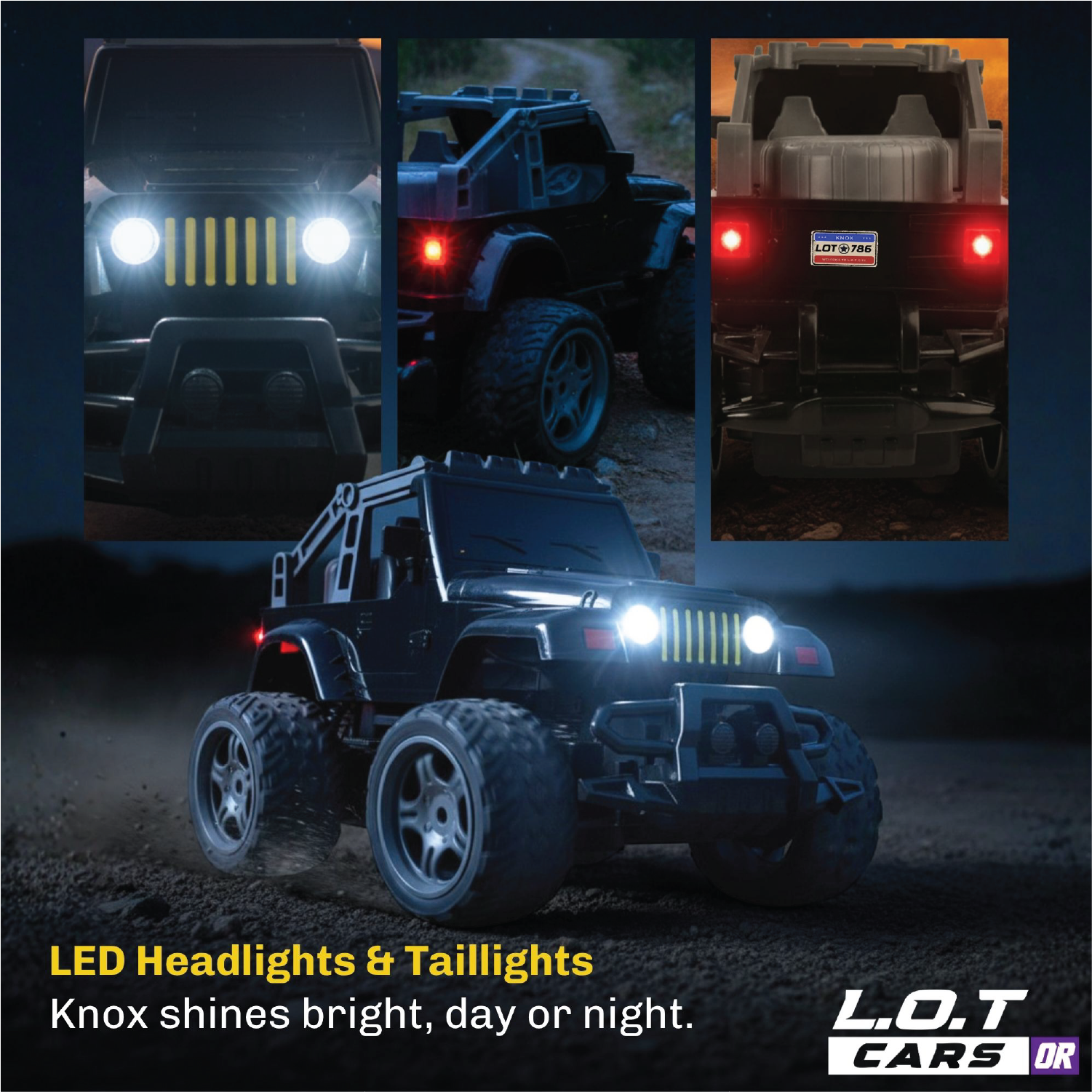 RC truck with LED headlights and taillights on a dark background, featuring L.O.T Cars branding.