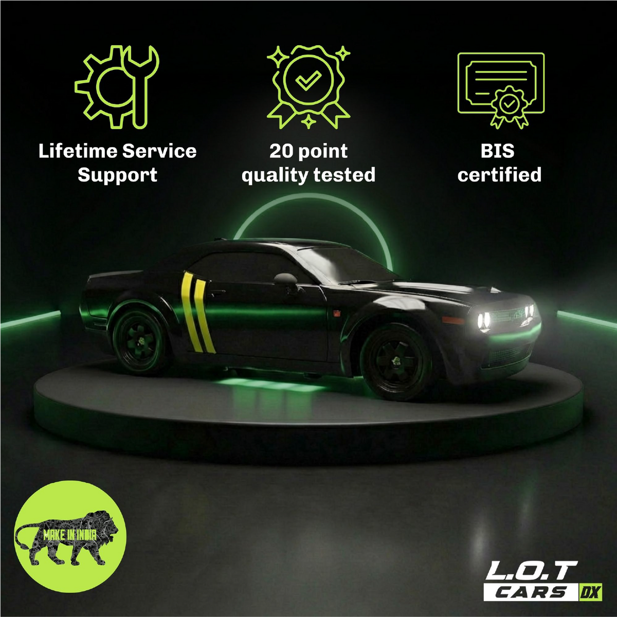 The black Shadow muscle coupe on a lit podium above badges for lifetime service support, 20-point testing and BIS certification