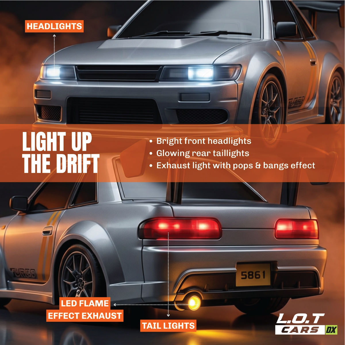 Light up the drift: the grey Zipp's bright headlights, glowing tail lights and LED exhaust flame