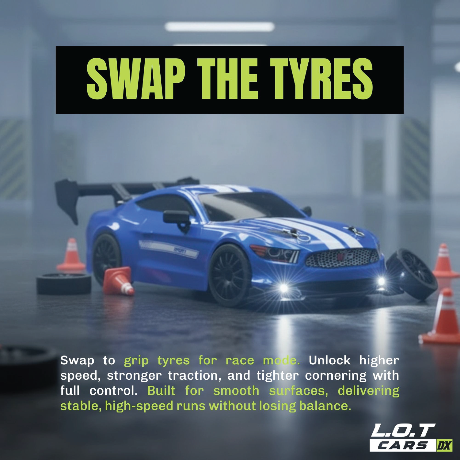 Blue RC car with text about tyre swapping on a blurred background