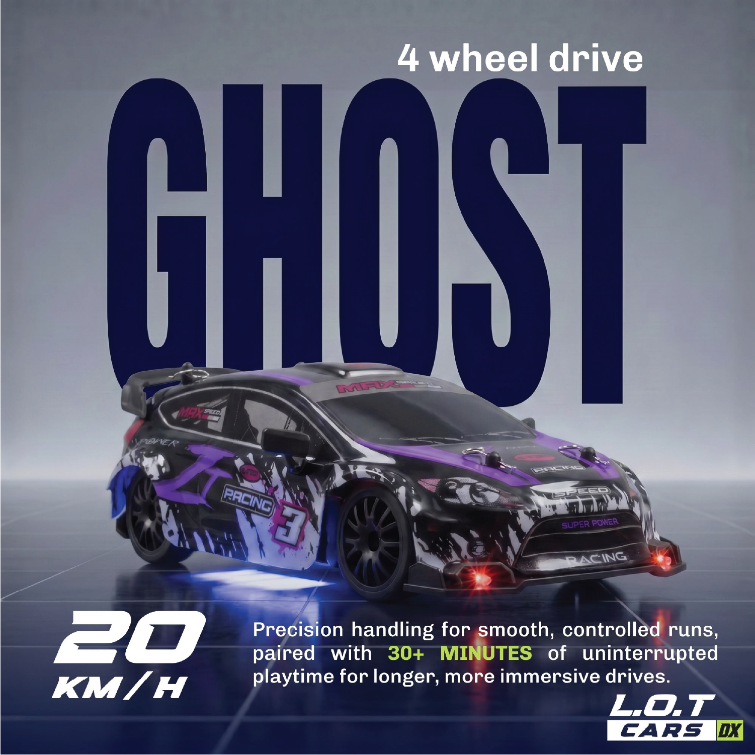 RC car with '4 wheel drive GHOST' branding on a gray background