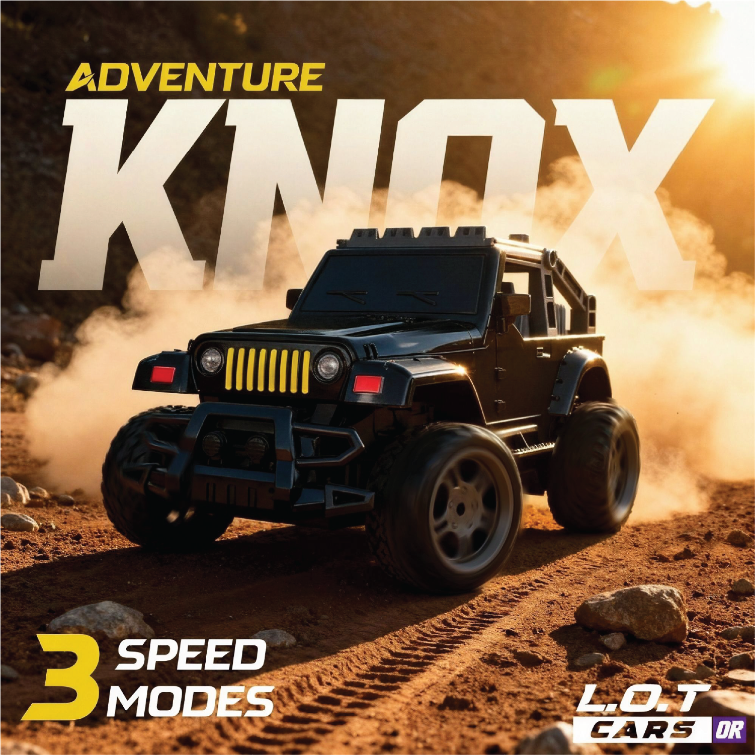 RC jeep on a dirt road with 'Adventure Knox' text and 'LOT Cars' branding.