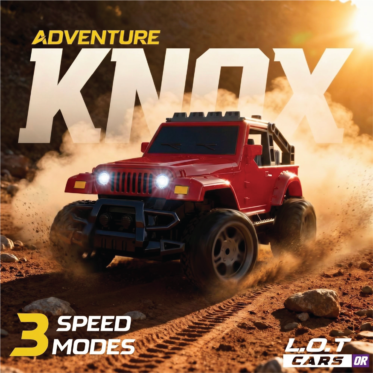 Red RC truck on a dirt road with 'Adventure Knox' branding and '3 Speed Modes' text.