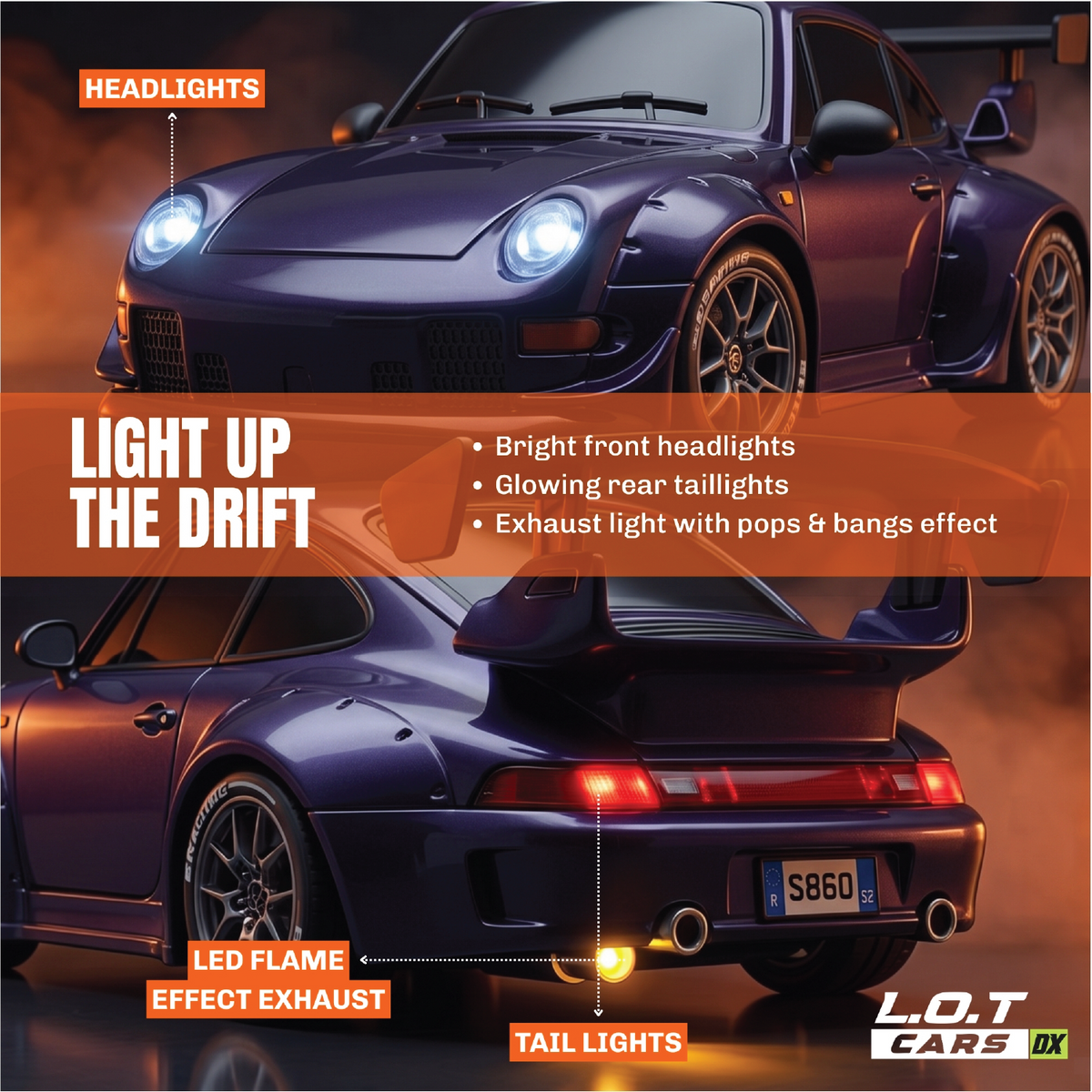 Light up the drift: the purple Zipp's bright headlights, glowing tail lights and LED exhaust flame